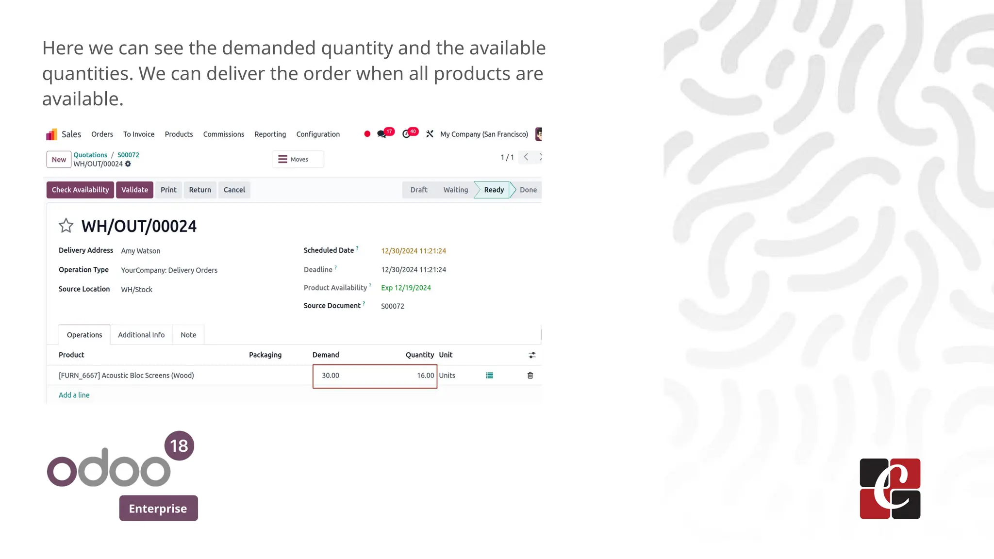 Enterprise
Here we can see the demanded quantity and the available
quantities. We can deliver the order when all products are
available.
 
