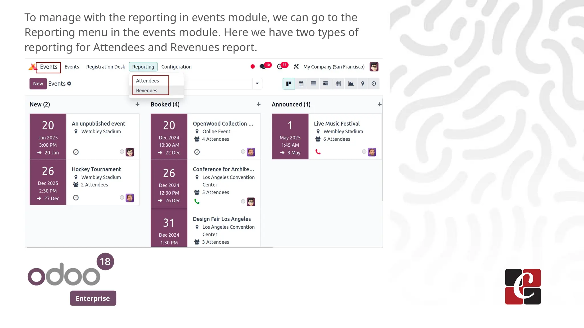 Enterprise
To manage with the reporting in events module, we can go to the
Reporting menu in the events module. Here we have two types of
reporting for Attendees and Revenues report.
 