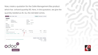 Enterprise
Now, create a quotation for the Cable Management Box product
which has onhand quantity 90. Here, in the quotation, we give the
quantity needed as 45. So, the red label comes.
 