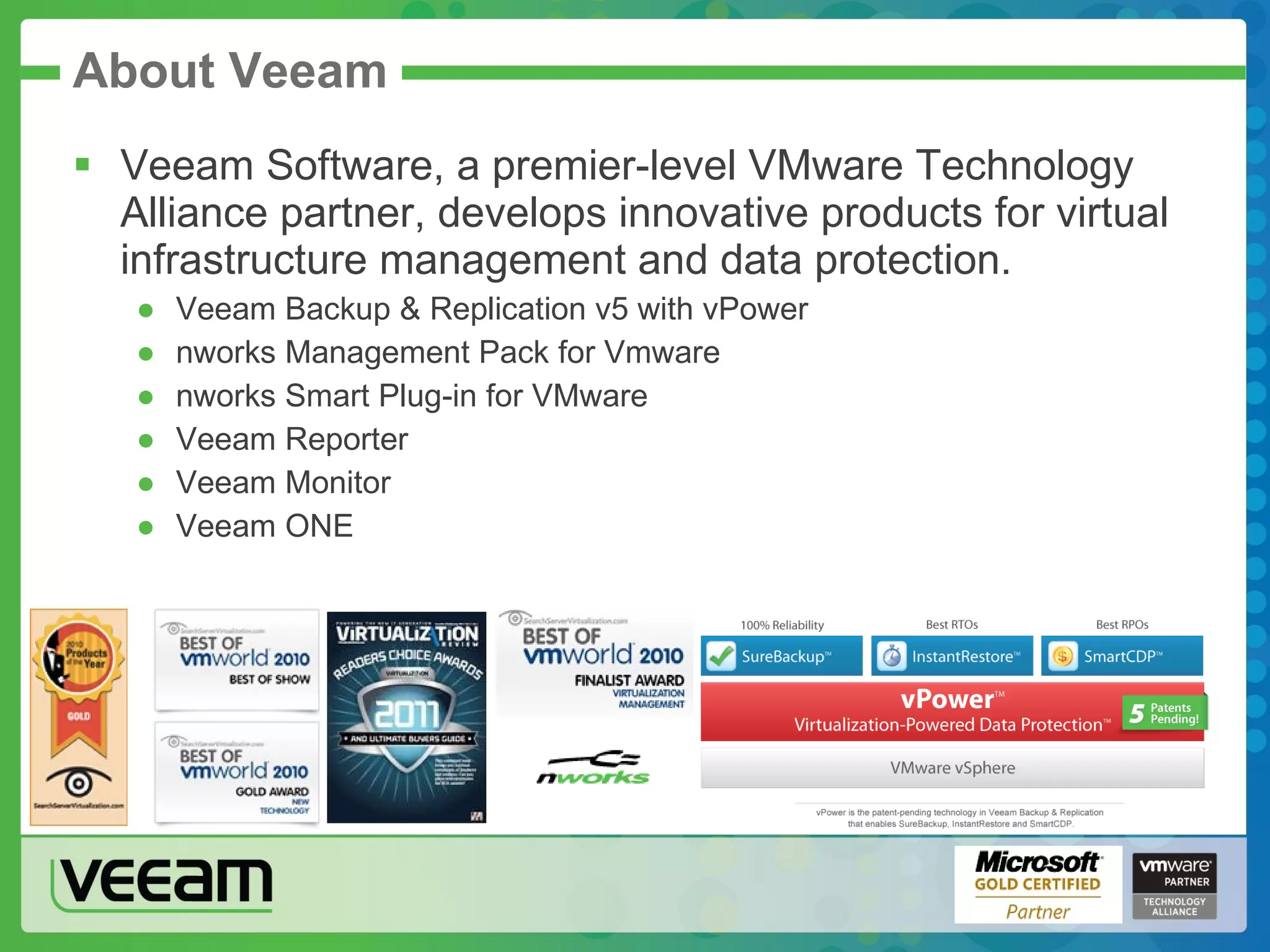 About Veeam Veeam Software, a premier-level VMware Technology Alliance partner, develops innovative products for virtual infrastructure management and data protection. Veeam Backup & Replication v5 with vPower nworks Management Pack for Vmware nworks Smart Plug-in for VMware Veeam Reporter Veeam Monitor Veeam ONE