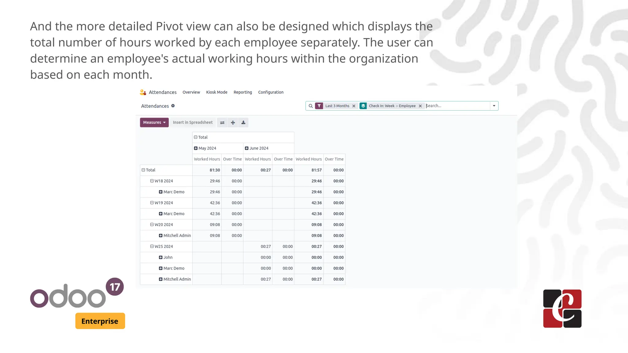 Enterprise
And the more detailed Pivot view can also be designed which displays the
total number of hours worked by each employee separately. The user can
determine an employee's actual working hours within the organization
based on each month.
 