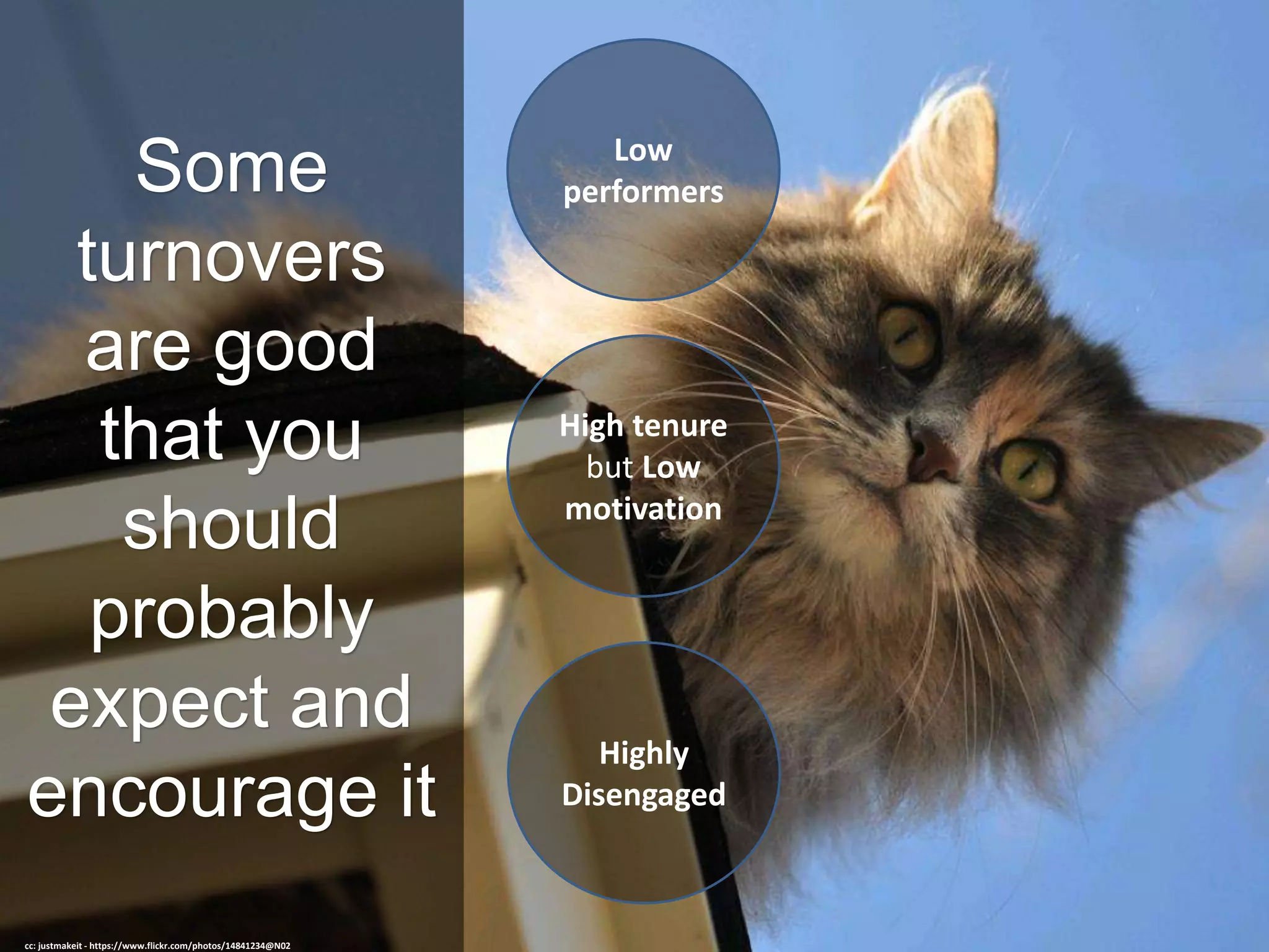 Some
turnovers
are good
that you
should
probably
expect and
encourage it
cc: justmakeit - https://www.flickr.com/photos/14841234@N02
High tenure
but Low
motivation
Highly
Disengaged
Low
performers
 