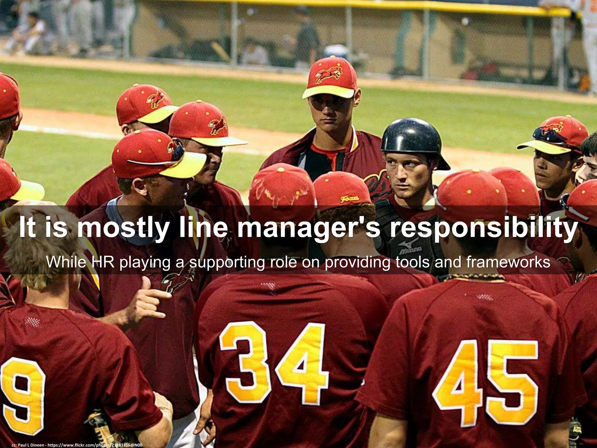 It is mostly line manager's responsibility
While HR playing a supporting role on providing tools and frameworks
cc: Paul L Dineen - https://www.flickr.com/photos/21983356@N00
 