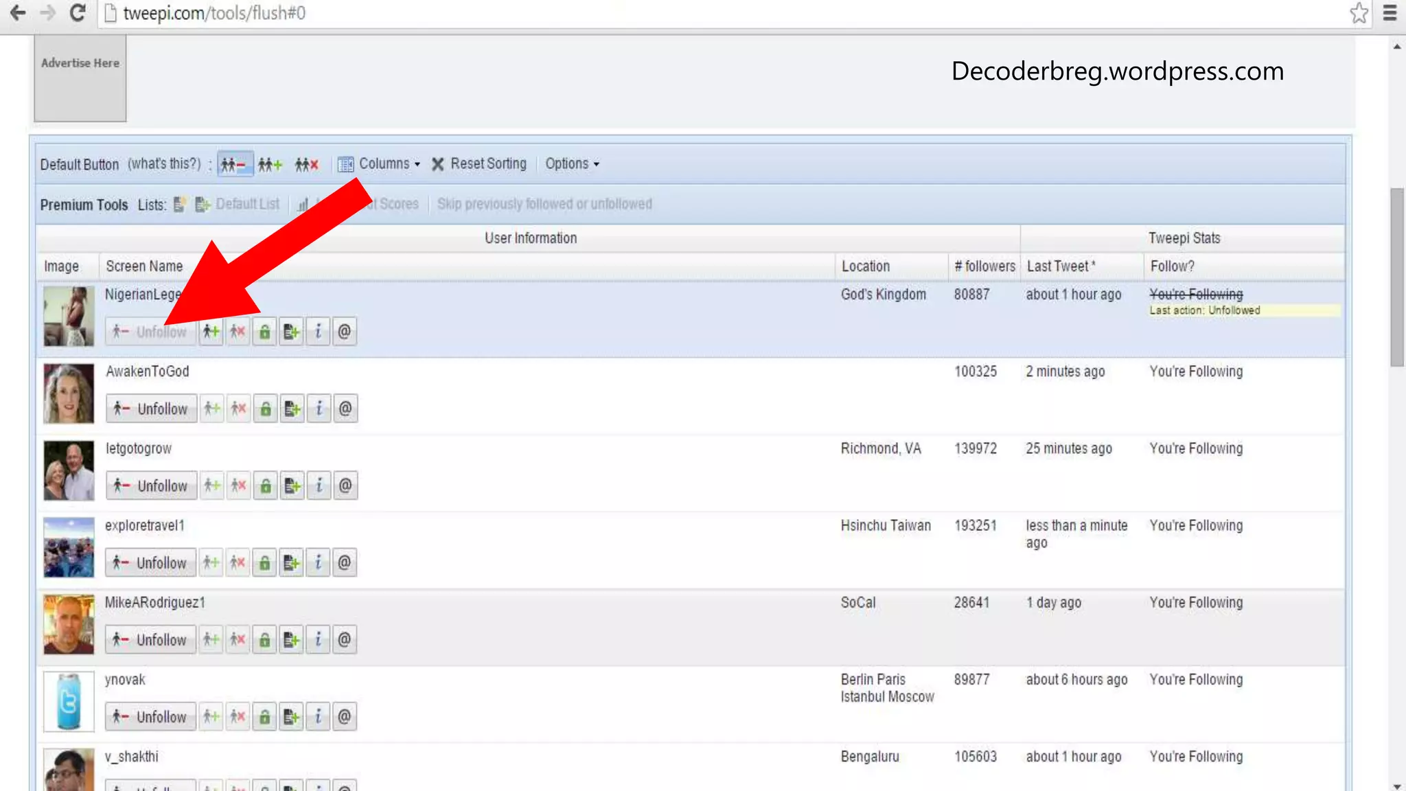 After clicking the
unfollow it will
become fade.
Decoderbreg.wordpress.com
 