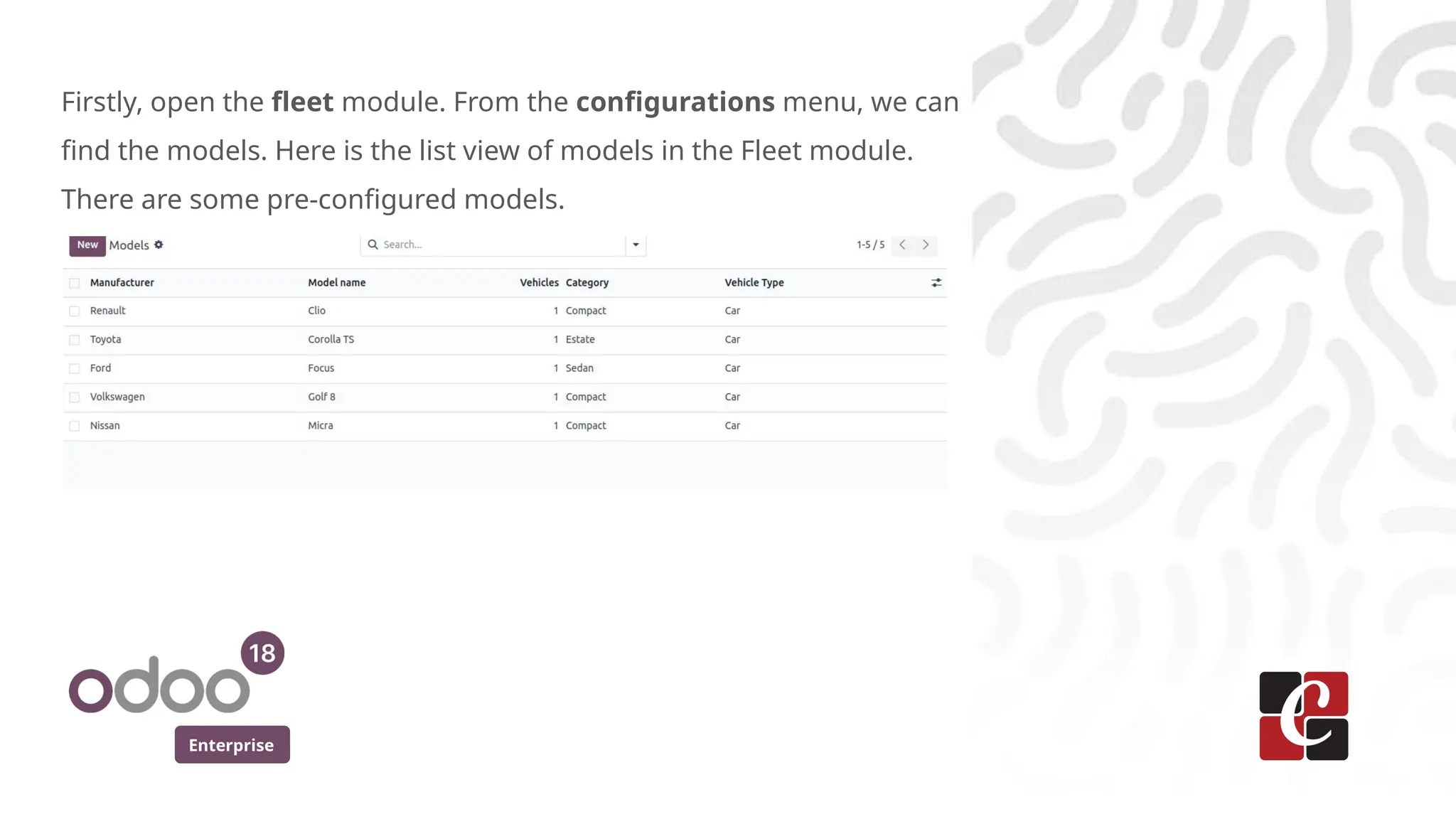 Enterprise
Firstly, open the fleet module. From the configurations menu, we can
find the models. Here is the list view of models in the Fleet module.
There are some pre-configured models.
 