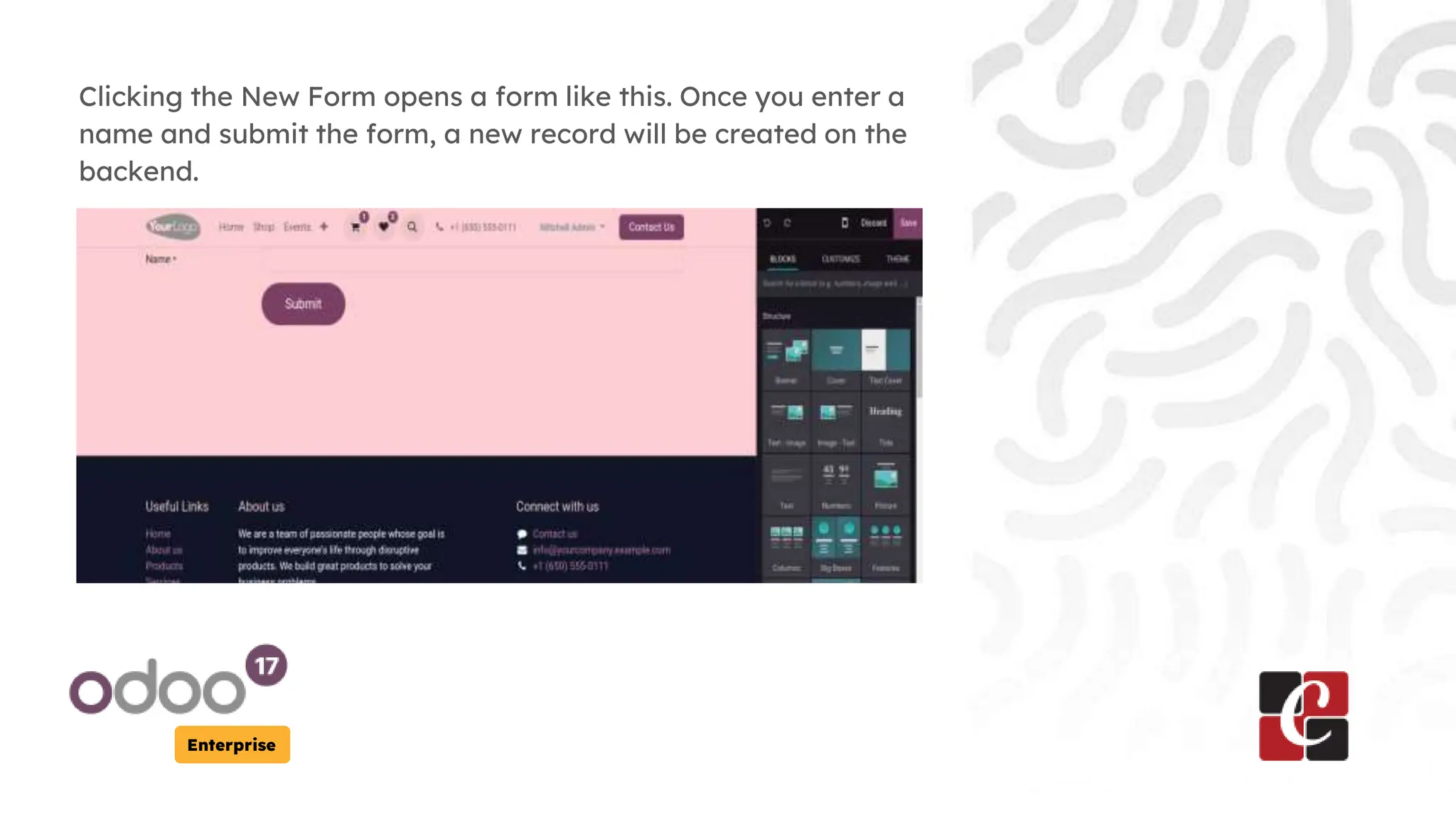 Enterprise
Clicking the New Form opens a form like this. Once you enter a
name and submit the form, a new record will be created on the
backend.
 