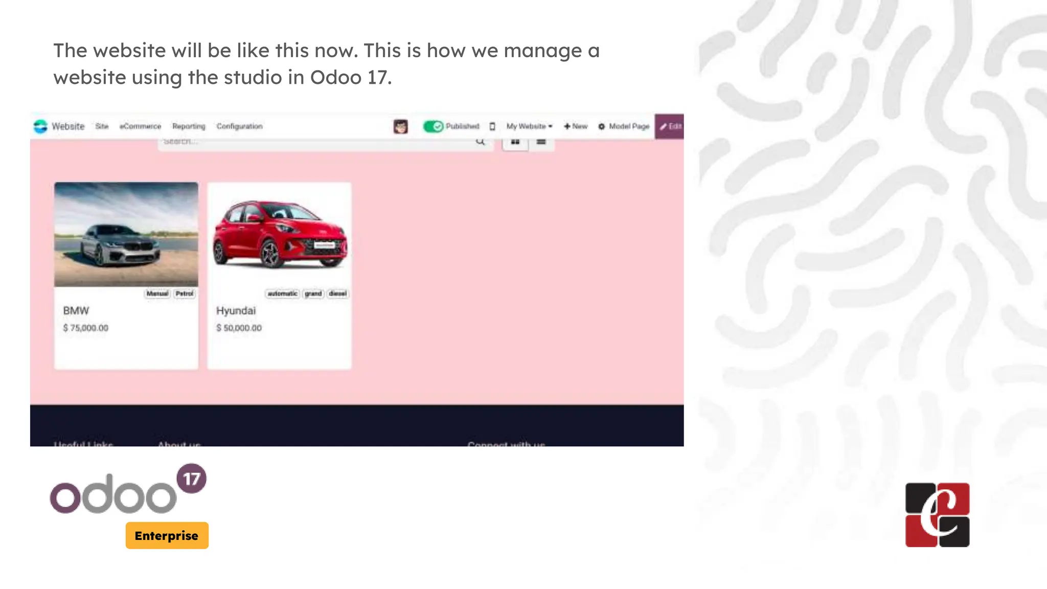 Enterprise
The website will be like this now. This is how we manage a
website using the studio in Odoo 17.
 