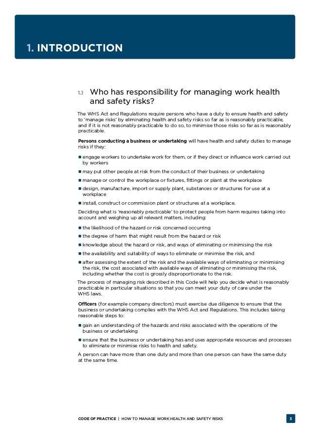 HOW TO MANAGE WORK HEALTH AND SAFETY RISKS Code of Practice