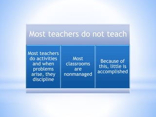 Most teachers do not teach
Most teachers
do activities
and when
problems
arise, they
discipline
Most
classrooms
are
nonmanaged
Because of
this, little is
accomplished
 