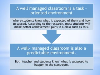 A well- managed classroom is also a
predictable environment.
Both teacher and students know what is supposed to
happen in the classroom.
A well managed classroom is a task –
oriented environment
Where students know what is expected of them and how
to succed. According to the research, most students will
make better achievement gains in a class such as this.
 