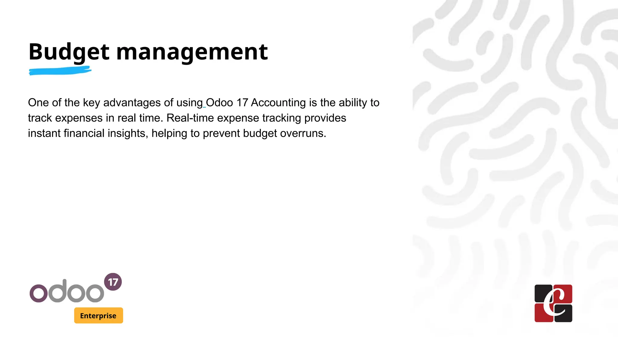 Budget management
Enterprise
One of the key advantages of using Odoo 17 Accounting is the ability to
track expenses in real time. Real-time expense tracking provides
instant financial insights, helping to prevent budget overruns.
 