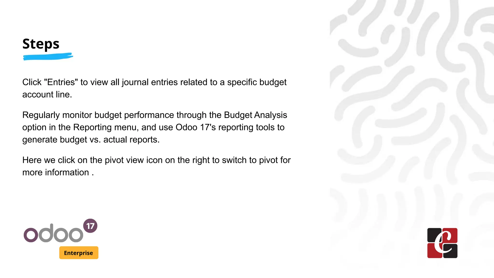 Steps
Enterprise
Click "Entries" to view all journal entries related to a specific budget
account line.
Regularly monitor budget performance through the Budget Analysis
option in the Reporting menu, and use Odoo 17's reporting tools to
generate budget vs. actual reports.
Here we click on the pivot view icon on the right to switch to pivot for
more information .
 