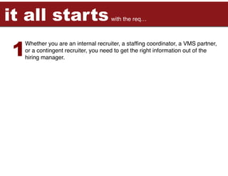 it all starts !                     with the req…!




 1
  Whether you are an internal recruiter, a stafﬁng coordinator, a VMS partner,
  or a contingent recruiter, you need to get the right information out of the
  hiring manager. !
 