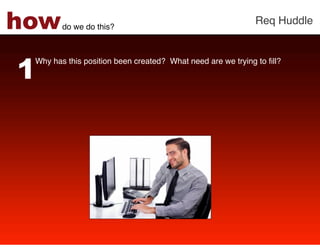 how     do we do this?!
                                                             Req Huddle!




1
 Why has this position been created? What need are we trying to ﬁll? !
 !
 !
 !
 