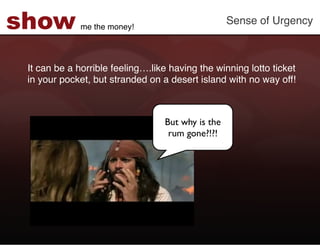 show         me the money!!
                                                     Sense of Urgency!



 It can be a horrible feeling….like having the winning lotto ticket
 in your pocket, but stranded on a desert island with no way off! !



                                  But why is the
                                   rum gone?!?!	

 