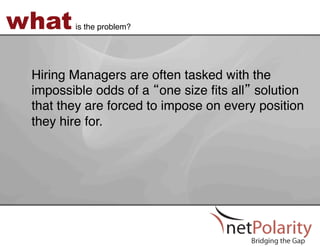 what    is the problem?!




 Hiring Managers are often tasked with the
 impossible odds of a one size ﬁts all solution
 that they are forced to impose on every position
 they hire for. !
 