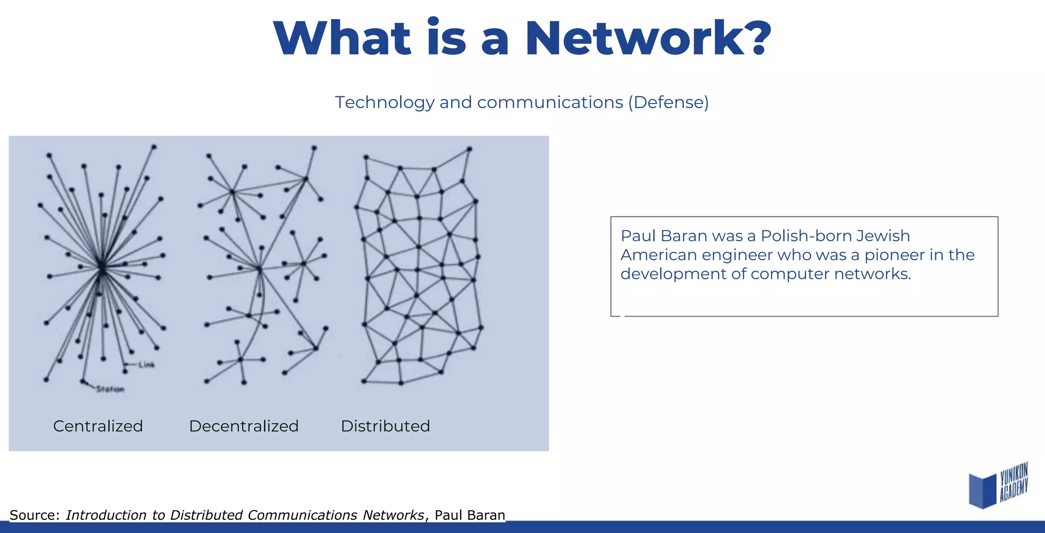 Paul Baran was a Polish-born Jewish
American engineer who was a pioneer in the
development of computer networks.
Source: Introduction to Distributed Communications Networks, Paul Baran
Centralized Decentralized Distributed
Technology and communications (Defense)
What is a Network?
 