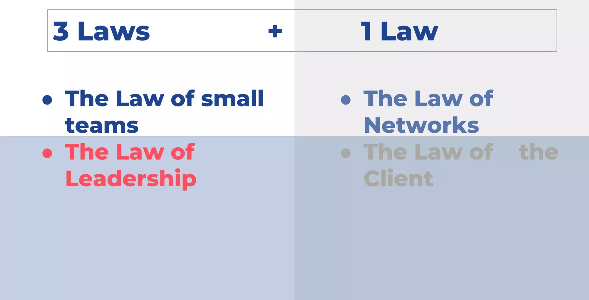 3 Laws + 1 Law
● The Law of small
teams
● The Law of
Leadership
● The Law of
Networks
● The Law of the
Client
 