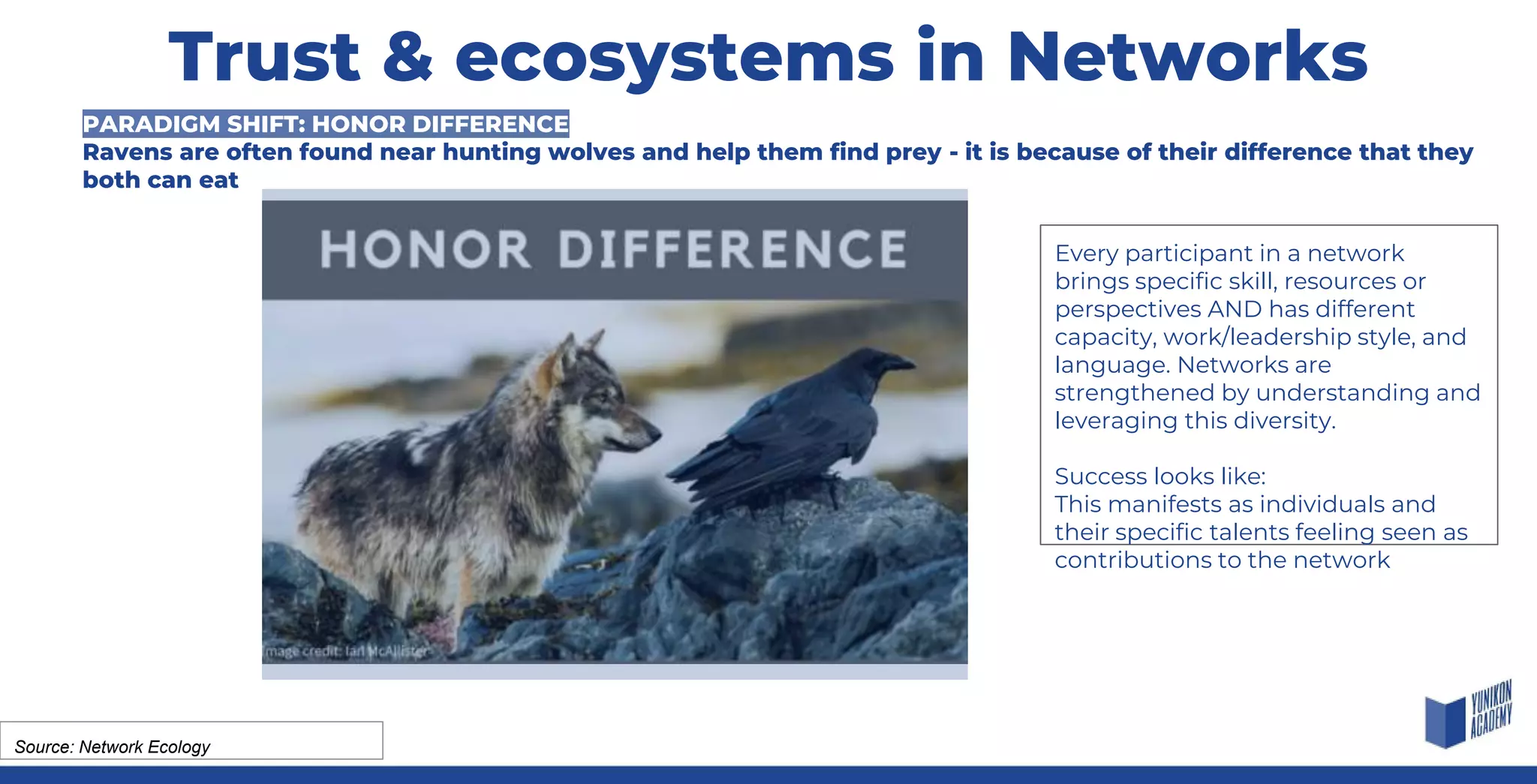 Every participant in a network
brings specific skill, resources or
perspectives AND has different
capacity, work/leadership style, and
language. Networks are
strengthened by understanding and
leveraging this diversity.
Success looks like:
This manifests as individuals and
their specific talents feeling seen as
contributions to the network
Source: Network Ecology
PARADIGM SHIFT: HONOR DIFFERENCE
Ravens are often found near hunting wolves and help them find prey - it is because of their difference that they
both can eat
Trust & ecosystems in Networks
 