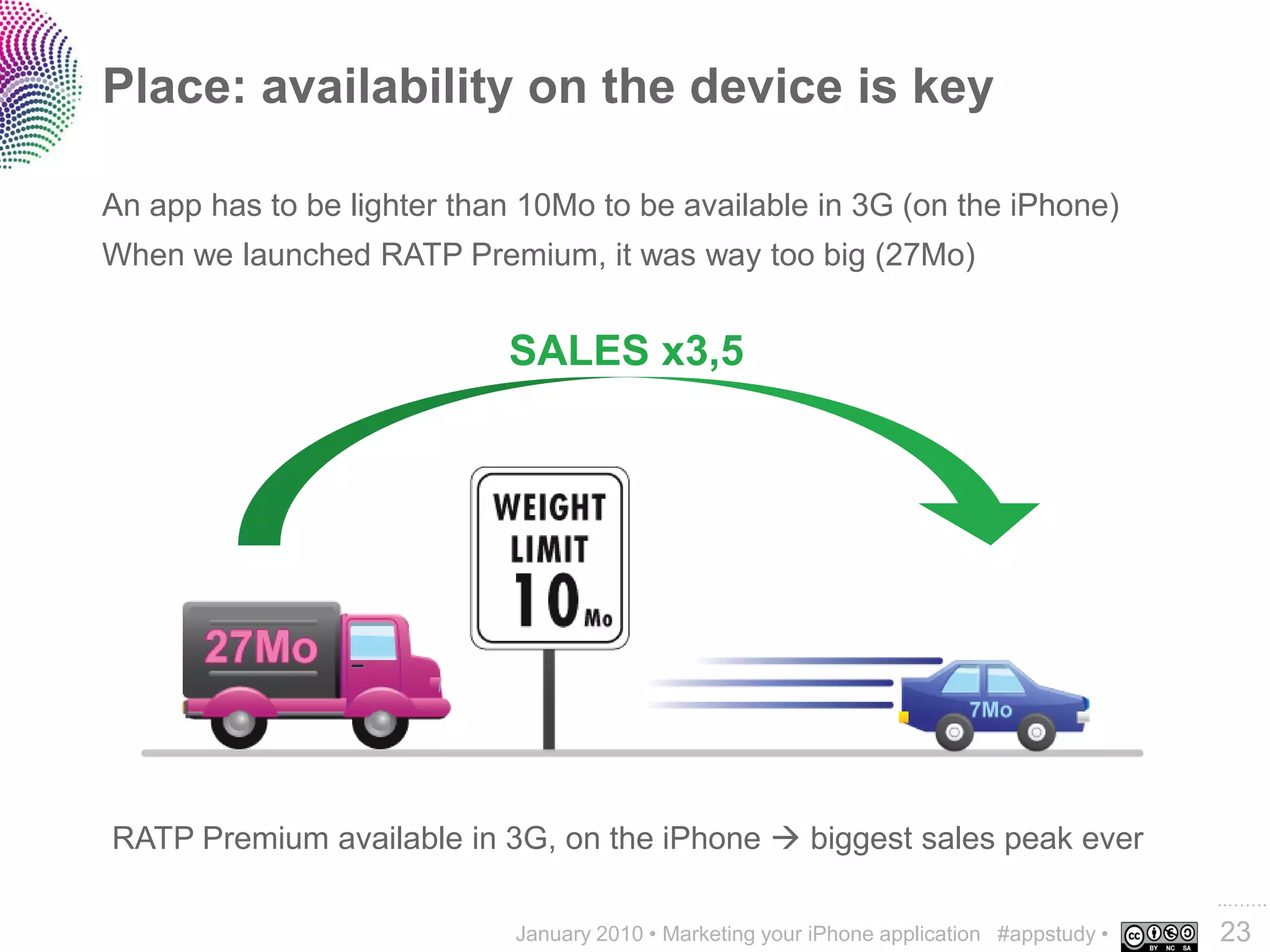 Place: availability on the device is key

An app has to be lighter than 10Mo to be available in 3G (on the iPhone)
When we launched RATP Premium, it was way too big (27Mo)


                            SALES x3,5




RATP Premium available in 3G, on the iPhone  biggest sales peak ever
                                                                                            ..…….
                             January 2010 • Marketing your iPhone application #appstudy •   23
 