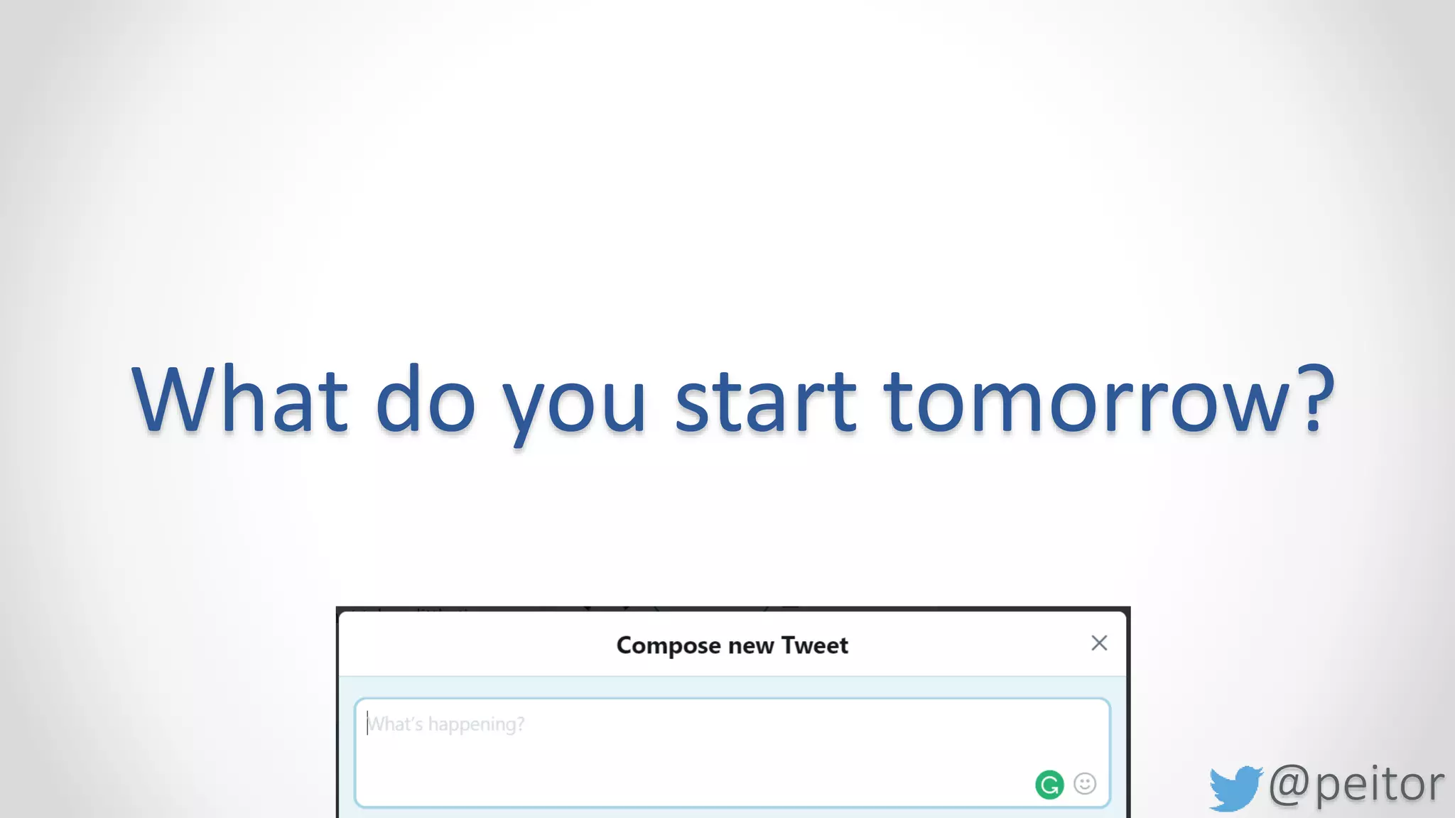 @peitor
Recap
# Meditate (use Headspace)
# Observe others (Talkshow TV)
# Engage with questions
# Engage using objects
# Sweep your Mind
# Collect good stuff
# Experiment with body language
# Do big talk, not small talk
# Negative Visualization
# Use http://personalretro.tumblr.com/
# Use Anti Goals & Working backwards
# Exercise pitches every day
# Play with pitch formats
# Use the Pixar Pitch
# Join Improvisational Theater
# Use Story Telling
# Find better words
# Use the 8 persuasive words
# Via Negativa
# Reflect on your behaviour
# Use followupthen.io 1day@fut.io
 