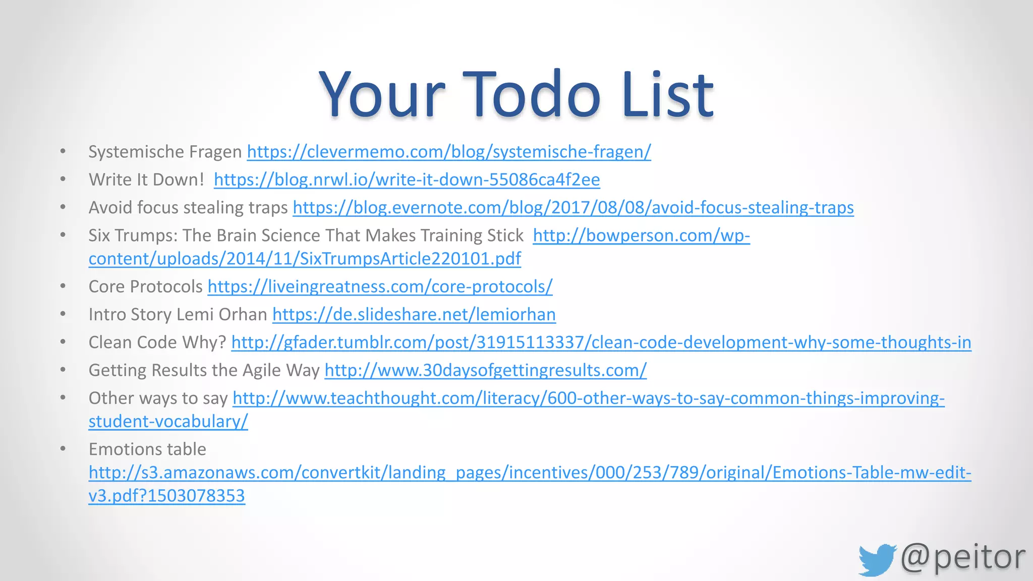 @peitor
Images
• Trump http://ampthemag.com/the-real/five-ways-the-trump-candidacy-will-impact-the-music-industry/
• ME Tshirt https://ih1.redbubble.net/image.5345086.5750/ra,unisex_tshirt,x2200,f89f2b:1617e563f0,front-
c,392,146,750,1000-bg,f8f8f8.lite-1.jpg
• Car Dealer https://www.youtube.com/watch?v=ZoTTzFzUdmw
• Car Dealer http://www.zerohedge.com/news/2016-07-12/bernie-used-car-dealer
• Car Dealer http://www.huffingtonpost.com/leslie-pritchard/buying-a-used-car-use-thi_b_9079020.html
• Super Hero https://www.fjackets.com/product_images/uploaded_images/superhero-costumes-for-men.jpg
• Unsubscribe Bug http://blog.userfocus.co.uk/do-you-want-to-unsubscribe-click-no/
• Funny images http://youhadonejob.org/
• Mind Wandering http://www.salzburg.com/nachrichten/gesundheit/sn/artikel/mind-wandering-gedanken-
auch-wieder-gehen-lassen-244919/
• Info overload https://thenextweb.com/insider/2015/05/03/why-does-email-get-such-a-bad-rep-for-
information-overload/#.tnw_E2SaZejl
• Sales Man http://texasmasterroofing.com/category/salesman/
• Sales Board http://www.ahutton.com/msteel/other-nonhospital.htm
• https://gratisography.com/
 