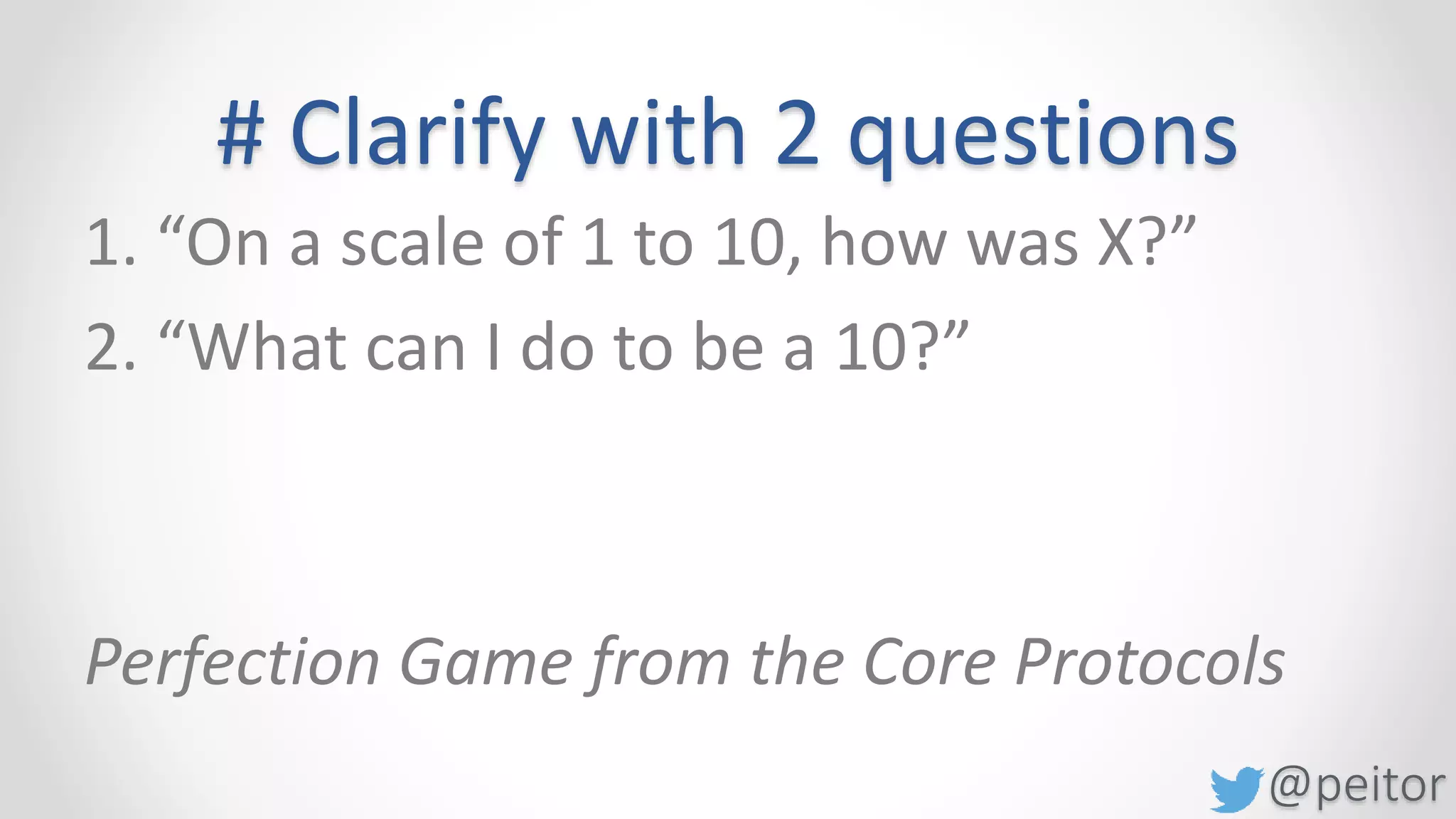 @peitor
# Collect good questions
• Evernote, Onenote, notepad, email,
GDocs,..
 