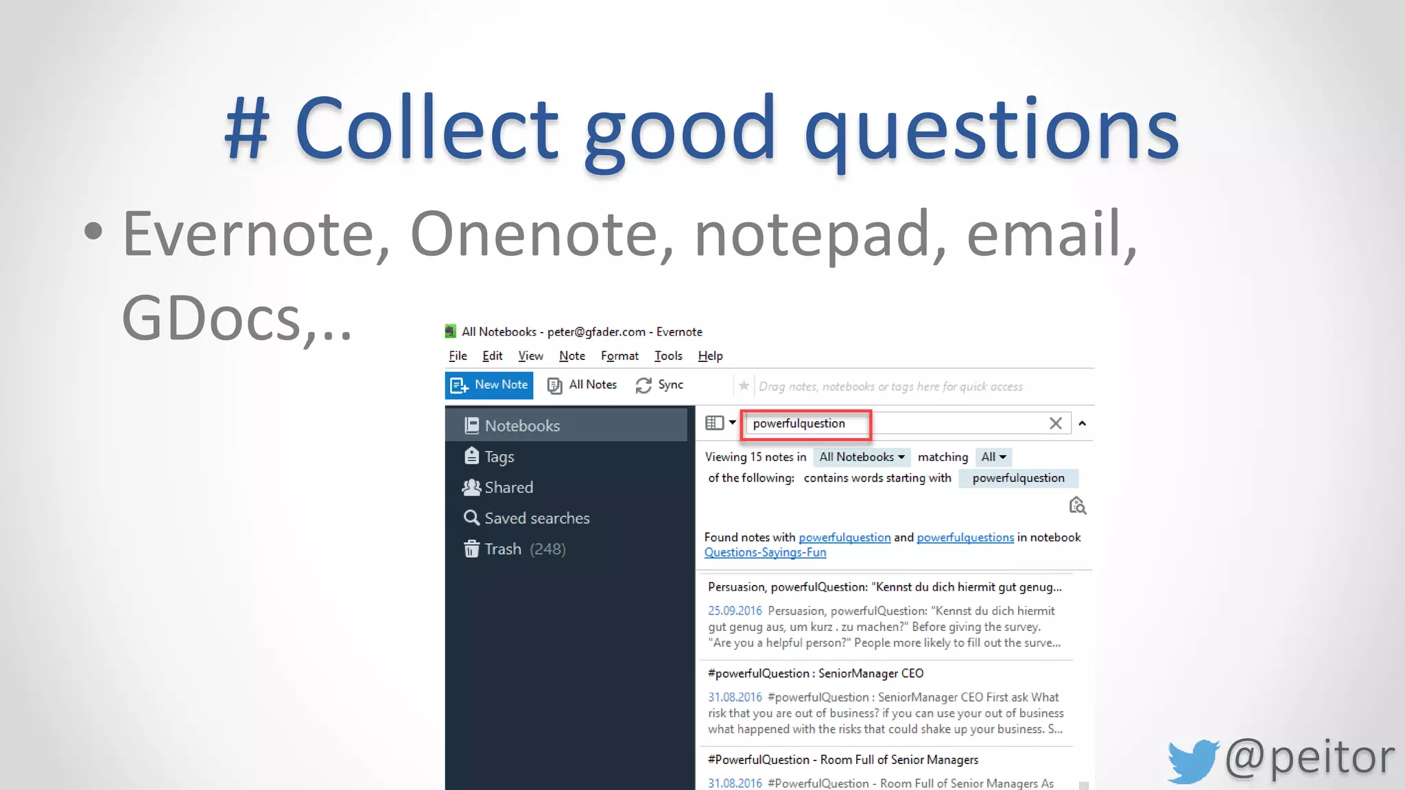 @peitor
#Pitch
• the One-word-pitch
• the Question pitch
• the Rhyming pitch
• the Subject Line pitch
• the Twitter pitch
• the Pixar pitch
 