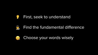 First, seek to understand
Find the fundamental diﬀerence
Choose your words wisely
 