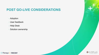 POST GO-LIVE CONSIDERATIONS
› Adoption
› User feedback
› Help Desk
› Solution ownership
POST GO-LIVE CONSIDERATIONS
 