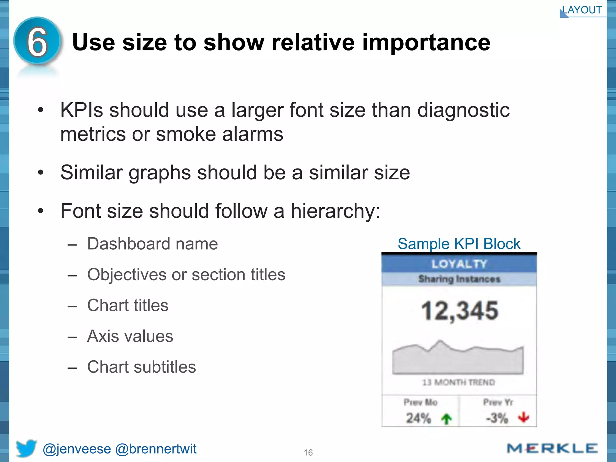 Use size to show relative importance 
• KPIs should use a larger font size than diagnostic 
metrics or smoke alarms 
• Similar graphs should be a similar size 
• Font size should follow a hierarchy: 
– Dashboard name 
– Objectives or section titles 
– Chart titles 
– Axis values 
– Chart subtitles 
@jenveese @brennertwit 16 
LAYOUT 
Sample KPI Block 
 