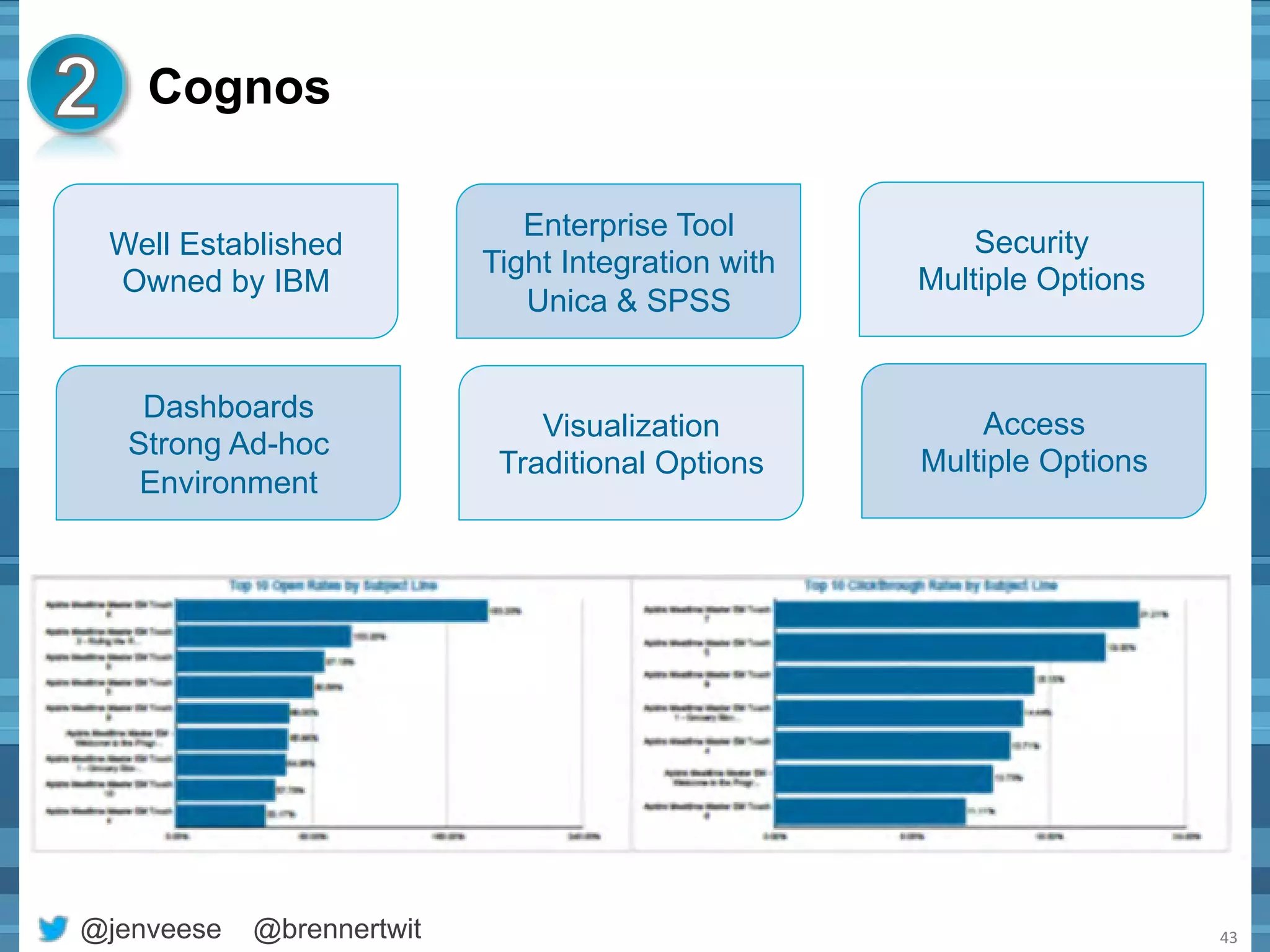 Cognos 
@jenveese @brennertwit 
43 
Well Established 
Owned by IBM 
Security 
Multiple Options 
Enterprise Tool 
Tight Integration with 
Unica & SPSS 
Dashboards 
Strong Ad-hoc 
Environment 
Access 
Multiple Options 
Visualization 
Traditional Options 
 