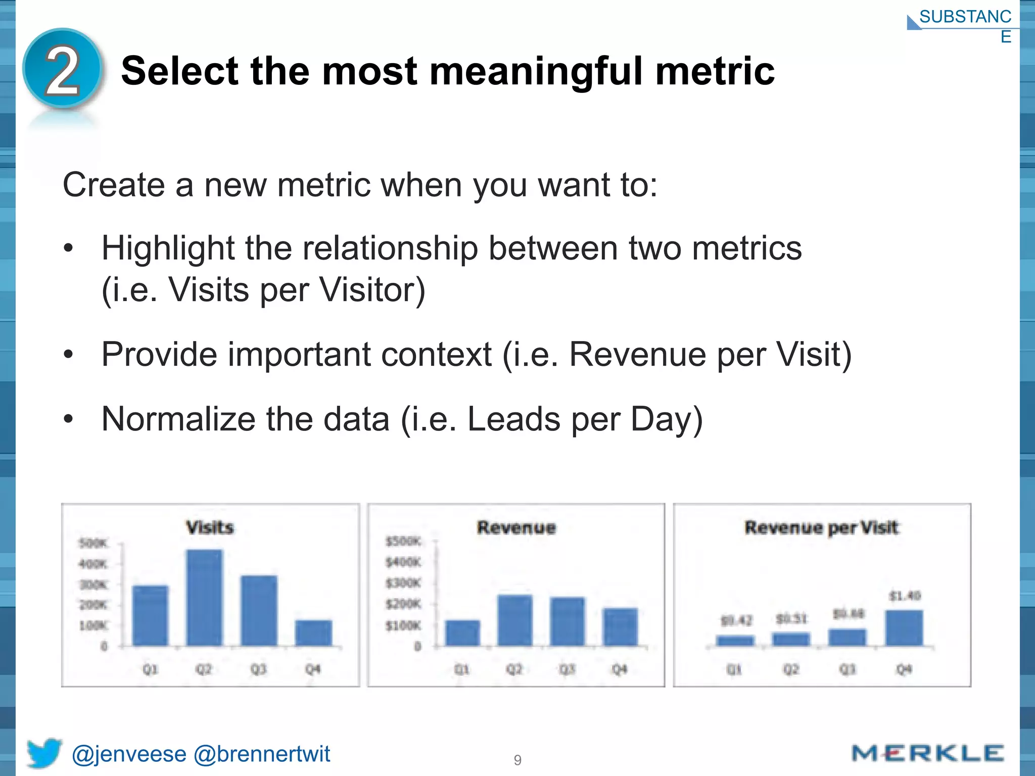 Select the most meaningful metric 
Create a new metric when you want to: 
• Highlight the relationship between two metrics 
(i.e. Visits per Visitor) 
• Provide important context (i.e. Revenue per Visit) 
• Normalize the data (i.e. Leads per Day) 
@jenveese @brennertwit 9 
SUBSTANC 
E 
 