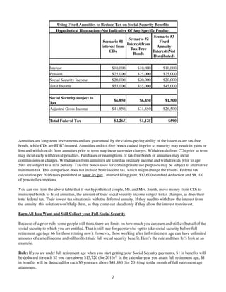 Using Fixed Annuities to Reduce Tax on Social Security Benefits
Hypothetical Illustration--Not Indicative Of Any Specific Product
Scenario #1
Interest from
CDs
Scenario #2
Interest from
Tax-Free
Bonds
Scenario #3
Fixed
Annuity
Interest (Not
Distributed)
Interest $10,000 $10,000 $10,000
Pension $25,000 $25,000 $25,000
Social Security Income $20,000 $20,000 $20,000
Total Income $55,000 $55,000 $45,000
Social Security subject to
Tax
$6,850 $6,850 $1,500
Adjusted Gross Income $41,850 $31,850 $26,500
Total Federal Tax $2,265 $1,125 $590
Annuities are long-term investments and are guaranteed by the claims-paying ability of the issuer as are tax-free
bonds, while CDs are FDIC-insured. Annuities and tax-free bonds cashed in prior to maturity may result in gains or
loss and withdrawals from annuities prior to term may incur surrender charges. Withdrawals from CDs prior to term
may incur early withdrawal penalties. Purchases or redemptions of tax-free bonds or annuities may incur
commissions or charges. Withdrawals from annuities are taxed as ordinary income and withdrawals prior to age
59½ are subject to a 10% penalty. Tax-free bonds used for certain private use purposes may be subject to alternative
minimum tax. This comparison does not include State income tax, which might change the results. Federal tax
calculation per 2016 rates published at www.irs.gov , married filing joint, $12,600 standard deduction and $8,100
of personal exemptions.
You can see from the above table that if our hypothetical couple, Mr. and Mrs. Smith, move money from CDs to
municipal bonds to fixed annuities, the amount of their social security income subject to tax changes, as does their
total federal tax. Their lowest tax situation is with the deferred annuity. If they need to withdraw the interest from
the annuity, this solution won't help them, as they come out ahead only if they allow the interest to reinvest.
Earn All You Want and Still Collect your Full Social Security
Because of a prior rule, some people still think there are limits on how much you can earn and still collect all of the
social security to which you are entitled. That is still true for people who opt to take social security before full
retirement age (age 66 for those retiring now). However, those working after full retirement age can have unlimited
amounts of earned income and still collect their full social security benefit. Here's the rule and then let's look at an
example.
Rule: If you are under full retirement age when you start getting your Social Security payments, $1 in benefits will
be deducted for each $2 you earn above $15,720 (for 2016)4. In the calendar year you attain full retirement age, $1
in benefits will be deducted for each $3 you earn above $41,880 (for 2016) up to the month of full retirement age
attainment.
7
 