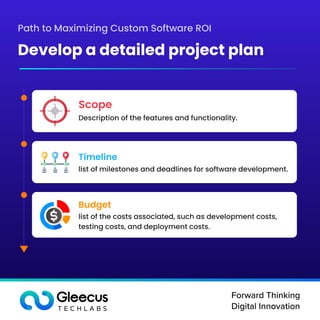 Forward Thinking

Digital Innovation
Path to Maximizing Custom Software ROI
Develop a detailed project plan
Scope
Timeline
Budget
Description of the features and functionality.
list of milestones and deadlines for software development.
list of the costs associated, such as development costs,
testing costs, and deployment costs.
 