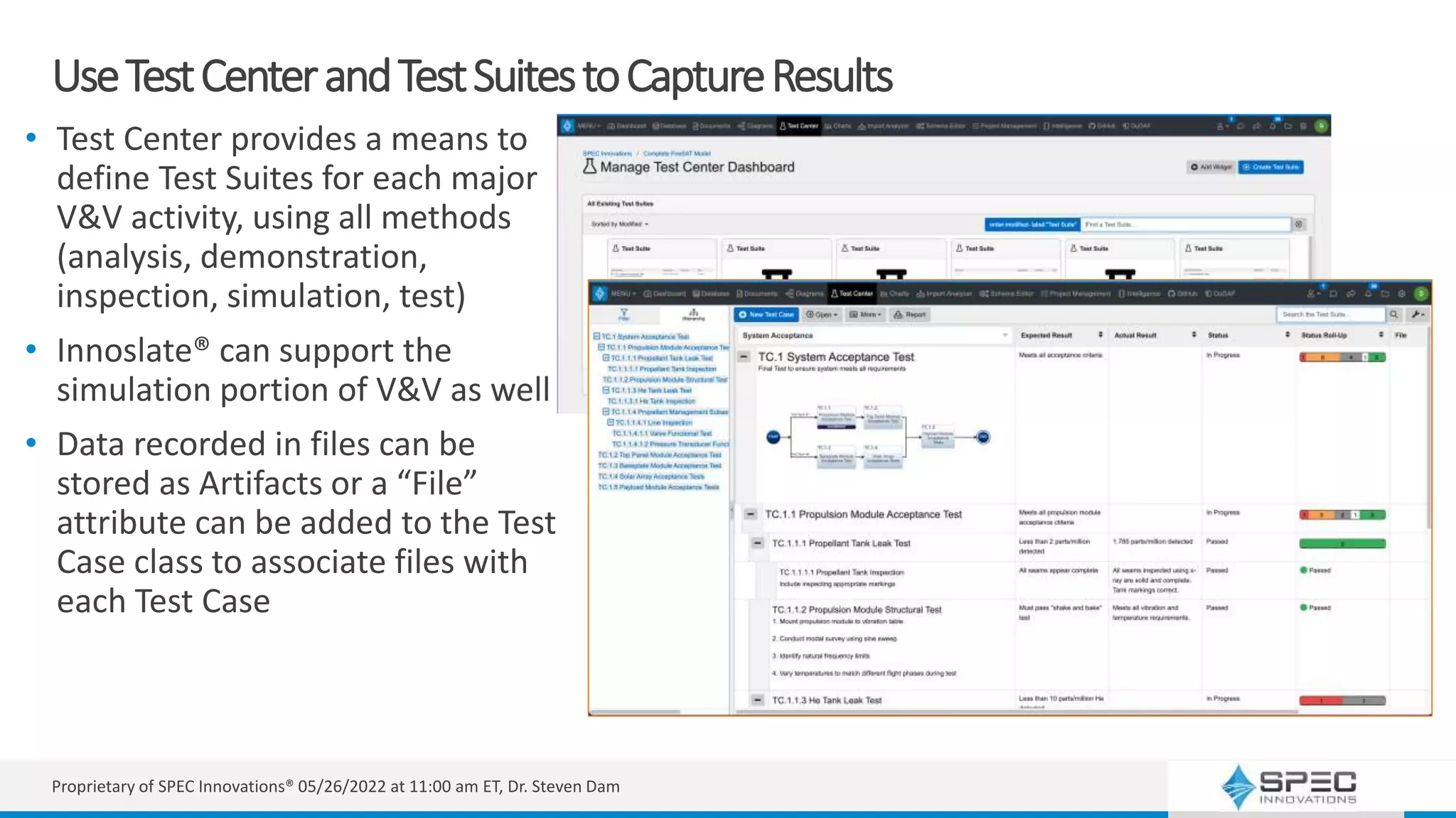 UseTestCenterandTestSuitestoCaptureResults
• Test Center provides a means to
define Test Suites for each major
V&V activity, using all methods
(analysis, demonstration,
inspection, simulation, test)
• Innoslate® can support the
simulation portion of V&V as well
• Data recorded in files can be
stored as Artifacts or a “File”
attribute can be added to the Test
Case class to associate files with
each Test Case
Proprietary of SPEC Innovations® 05/26/2022 at 11:00 am ET, Dr. Steven Dam
 