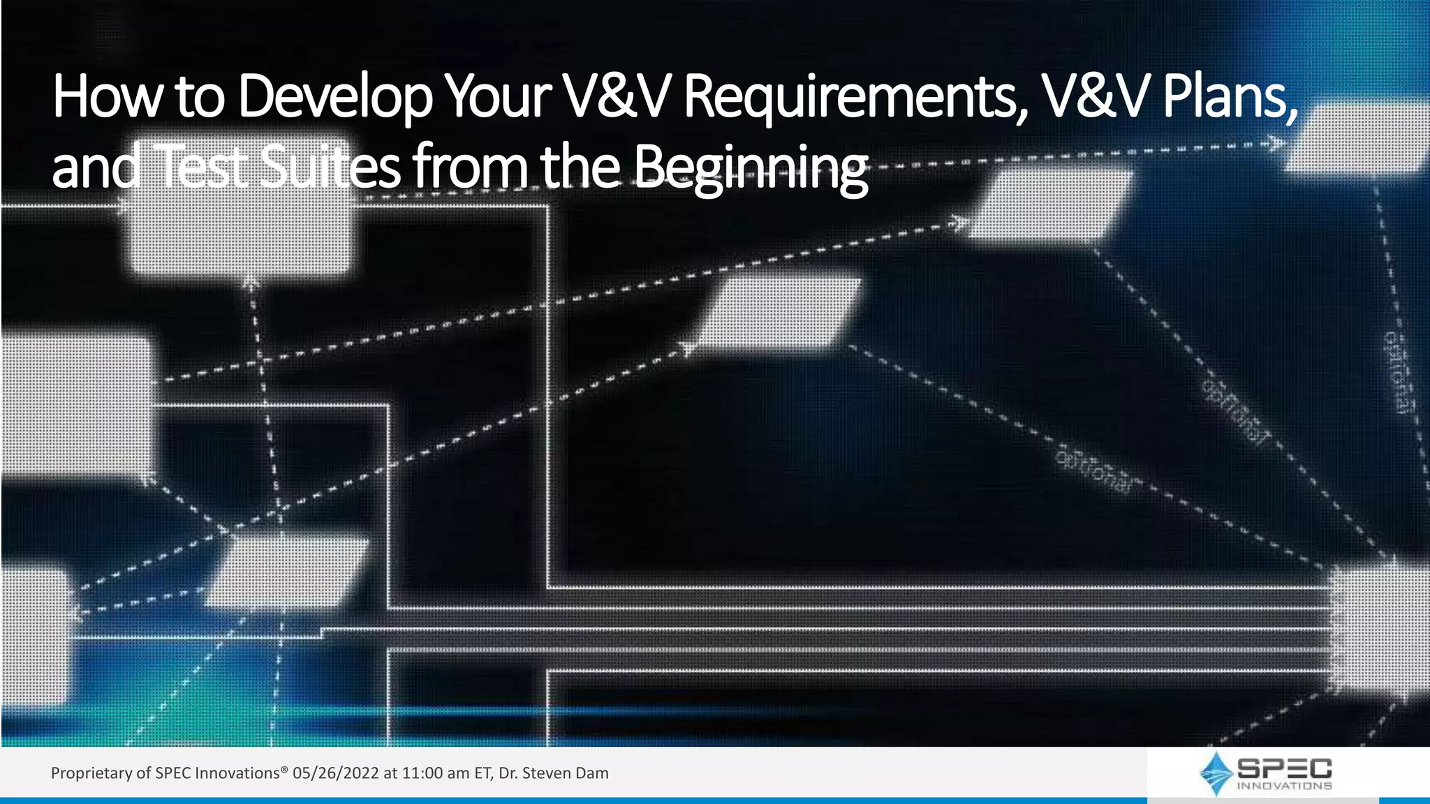 HowtoDevelopYourV&VRequirements,V&VPlans,
andTestSuitesfromtheBeginning
Proprietary of SPEC Innovations® 05/26/2022 at 11:00 am ET, Dr. Steven Dam
 