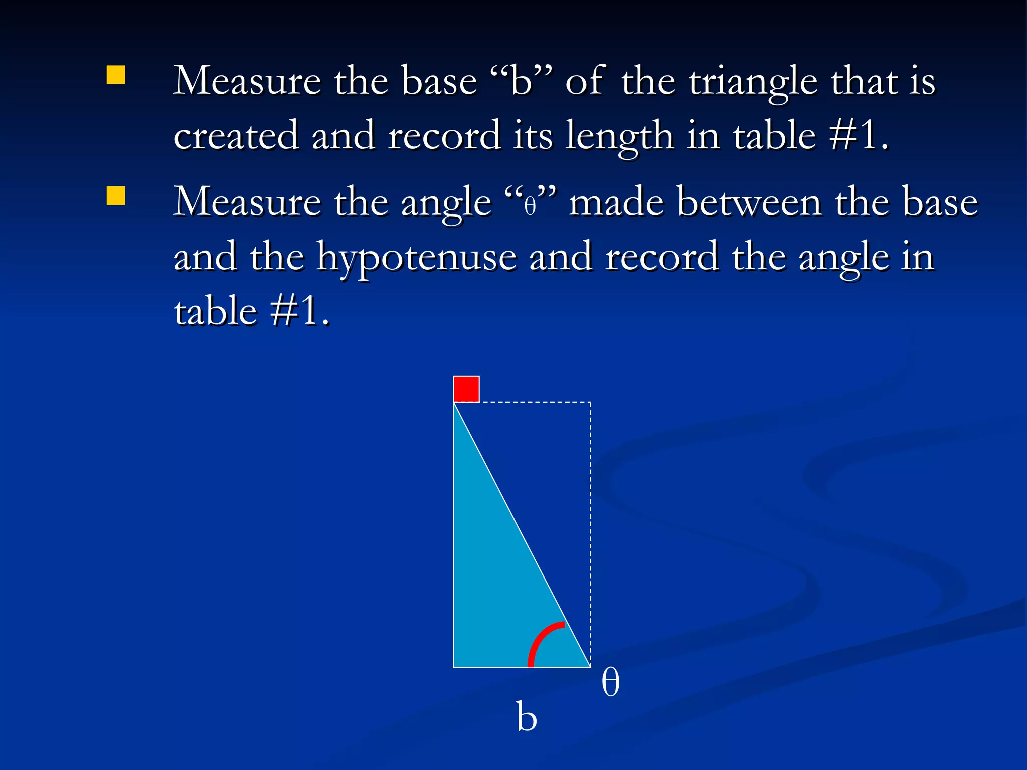 1. Begin this experiment on a large table. Place an object (block) who’s distance you want to measure at one corner.  At the opposite corner place a sighting device and protractor.  