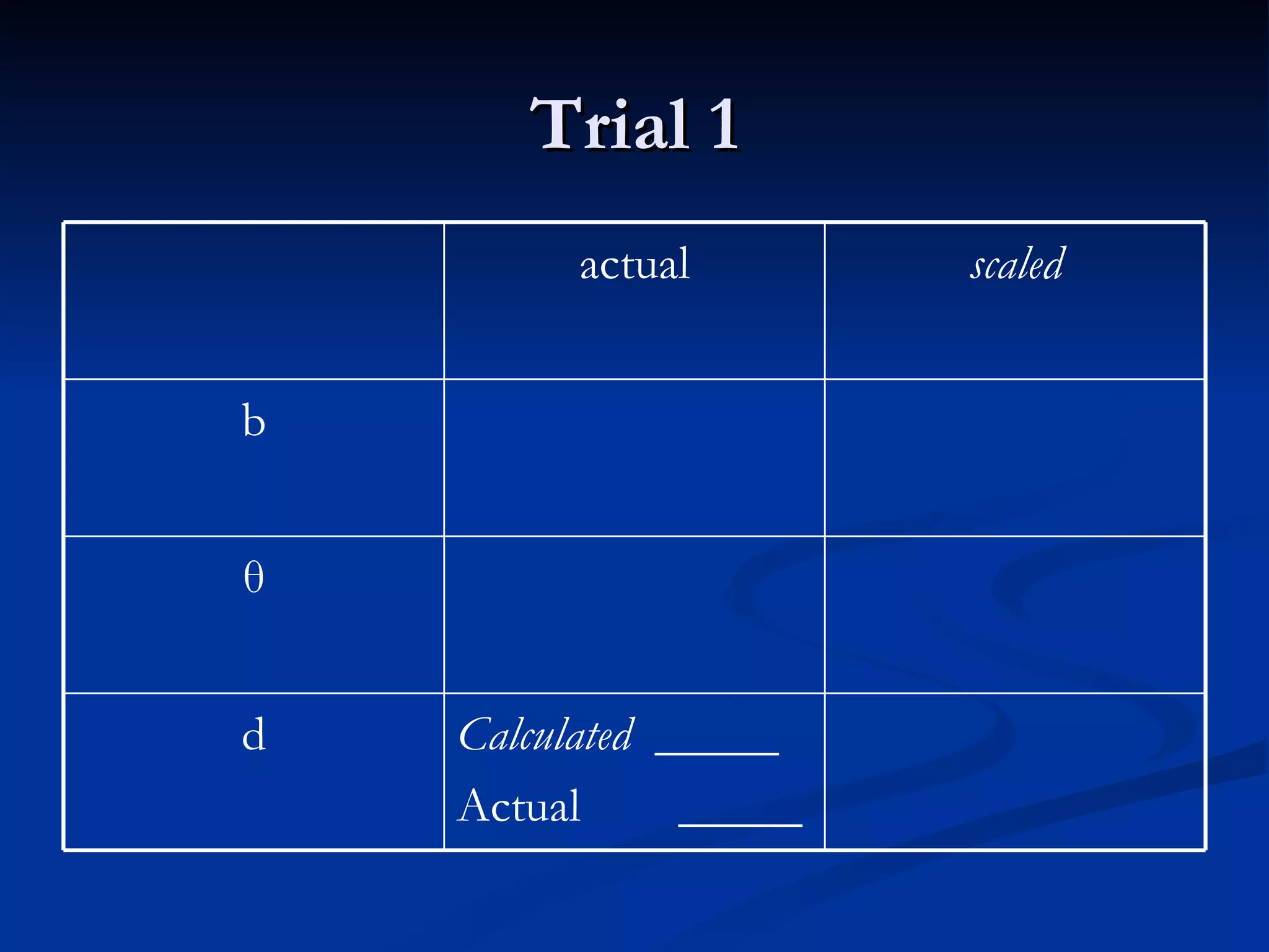 6. Scale up the measurement by multiplying the length “ d ” by 10. d  x 10= calculated  distance Record this calculation under “calculated” in table #1. 