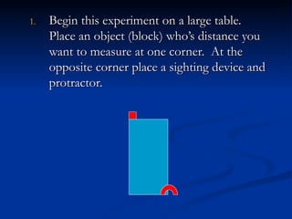 Equipment A flat area the size of a lab desk. 1 centimeter graph paper  http://206.110.20.132/~dhabecker/Math_Notes/graph_paper.pdf Protractor http://www.ossmann.com/protractor/ Metric ruler or tape measure http://www.vendian.org/mncharity/dir3/paper_rulers/ 