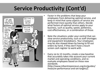 Service Productivity (Cont’d)
• Factor in the problems that keep your
employees from delivering optimal service, and
keep in mind that some aspects of service are
performed more quickly than others. Decide
what factors of optimal service apply to your
business, such as quality, speed, politeness,
cost-effectiveness, or a combination of those.
• Note the situations under your control that can
slow service productivity, such as staff shortages
and equipment breakdowns. Your employees
may be also slowed down by having to fill out
orders by hand, if they don't have a touch
screen cash register to work with.
• Every six to 12 months, create a new baseline
that accurately takes into account your current
market and operating conditions, and re-
evaluate employees based on those new
standards.
[http://www.infoentrepreneurs.org/en/guides/
measure-performance-and-set-targets/]
 