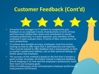 Customer Feedback (Cont’d)
• Everyone from managers to IT workers to receptionists give
feedback on an employee's levels of productivity in terms of how
well they have fulfilled their duties and contributed to overall
company productivity. In a team appraisal, only members of that
employee's team evaluate them, in terms of their contributions to
team productivity.
• To achieve best possible accuracy, employees must first receive
training on how to offer input that is well-balanced and impartial.
They must be trained to offer feedback that is based purely on their
co-worker's professional abilities, not on their personal feelings or
beliefs about that employee.
• The accuracy of this method is based on the fact that it involves a
good number of people, all of them trained in objective feedback,
and all weighing in on how well the employee's productivity meets
their team and company goals.
[http://smallbusiness.chron.com/examples-employee-performance-
measurement-10776.html]
 