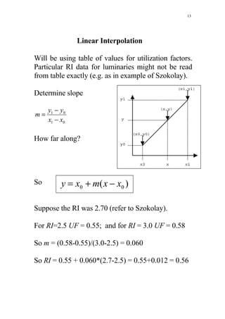 13




               Linear Interpolation

Will be using table of values for utilization factors.
Particular RI data for luminaries might not be read
from table exactly (e.g. as in example of Szokolay).

Determine slope

     y1 − y0
m=
     x1 − x0

How far along?




So        y = x0 + m( x − x0 )

Suppose the RI was 2.70 (refer to Szokolay).

For RI=2.5 UF = 0.55; and for RI = 3.0 UF = 0.58

So m = (0.58-0.55)/(3.0-2.5) = 0.060

So RI = 0.55 + 0.060*(2.7-2.5) = 0.55+0.012 = 0.56
 