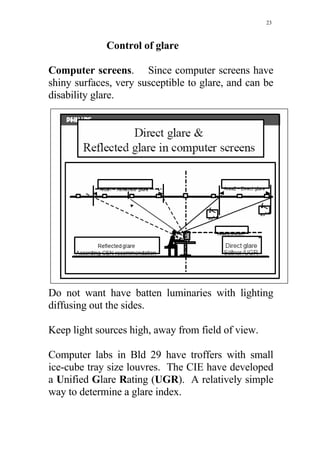 23



             Control of glare

Computer screens. Since computer screens have
shiny surfaces, very susceptible to glare, and can be
disability glare.




Do not want have batten luminaries with lighting
diffusing out the sides.

Keep light sources high, away from field of view.

Computer labs in Bld 29 have troffers with small
ice-cube tray size louvres. The CIE have developed
a Unified Glare Rating (UGR). A relatively simple
way to determine a glare index.
 