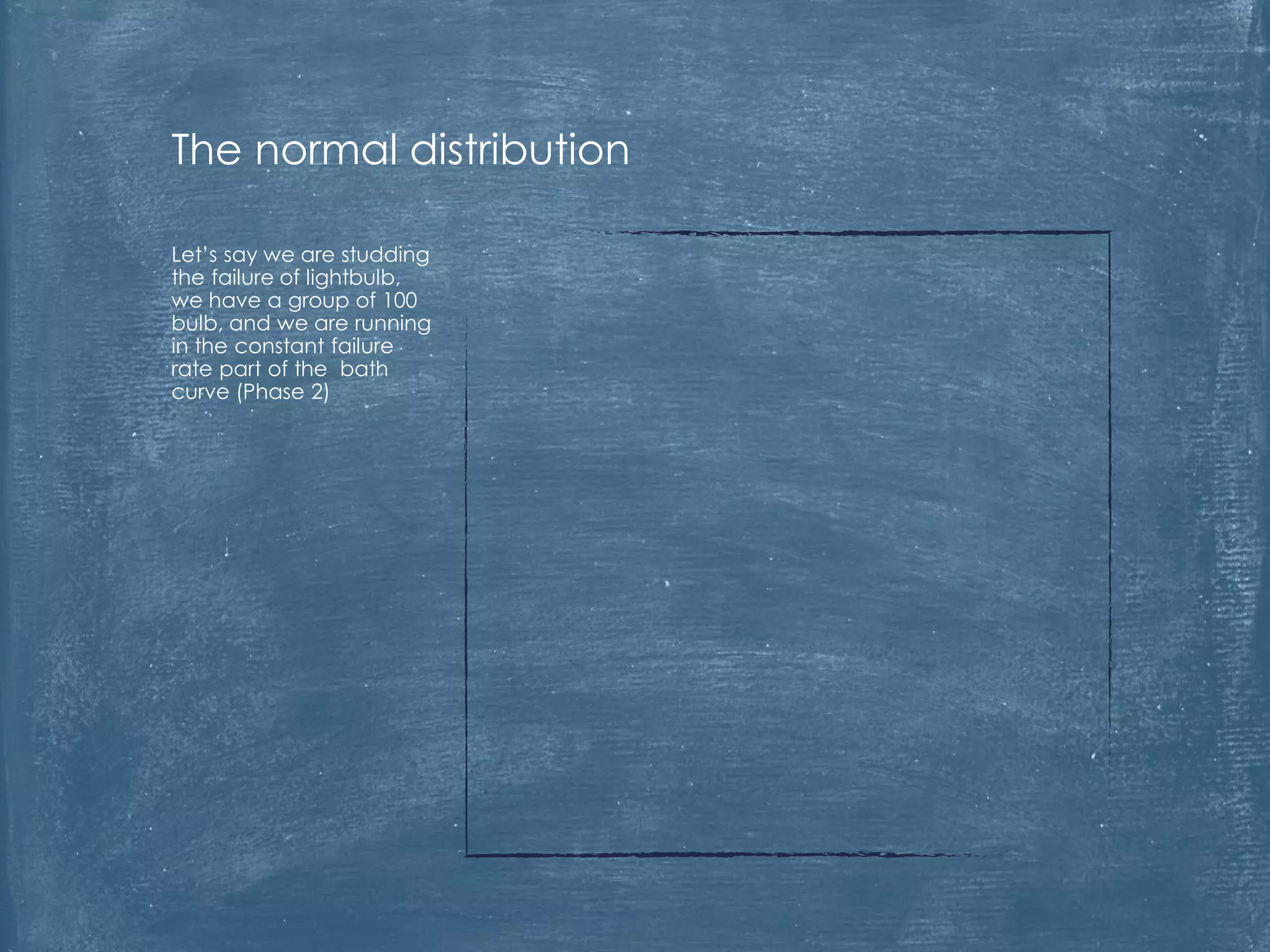 Let’s say we are studding
the failure of lightbulb,
we have a group of 100
bulb, and we are running
in the constant failure
rate part of the bath
curve (Phase 2)
The normal distribution
 