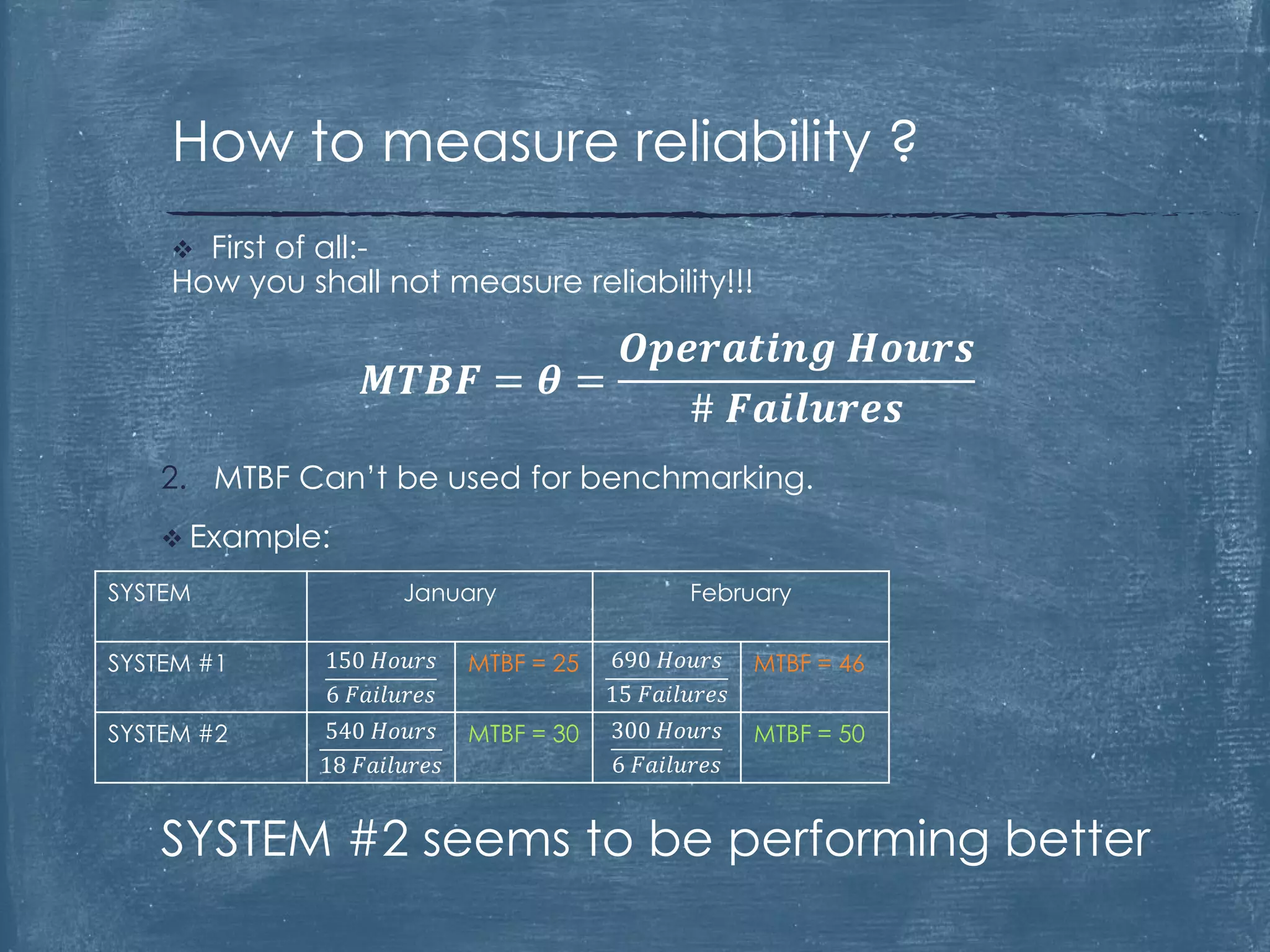2. MTBF Can’t be used for benchmarking.
 Example:
SYSTEM #2 seems to be performing better
 First of all:-
How you shall not measure reliability!!!
𝑴𝑻𝑩𝑭 = 𝜽 =
𝑶𝒑𝒆𝒓𝒂𝒕𝒊𝒏𝒈 𝑯𝒐𝒖𝒓𝒔
# 𝑭𝒂𝒊𝒍𝒖𝒓𝒆𝒔
How to measure reliability ?
SYSTEM January February
SYSTEM #1 150 𝐻𝑜𝑢𝑟𝑠
6 𝐹𝑎𝑖𝑙𝑢𝑟𝑒𝑠
MTBF = 25 690 𝐻𝑜𝑢𝑟𝑠
15 𝐹𝑎𝑖𝑙𝑢𝑟𝑒𝑠
MTBF = 46
SYSTEM #2 540 𝐻𝑜𝑢𝑟𝑠
18 𝐹𝑎𝑖𝑙𝑢𝑟𝑒𝑠
MTBF = 30 300 𝐻𝑜𝑢𝑟𝑠
6 𝐹𝑎𝑖𝑙𝑢𝑟𝑒𝑠
MTBF = 50
 
