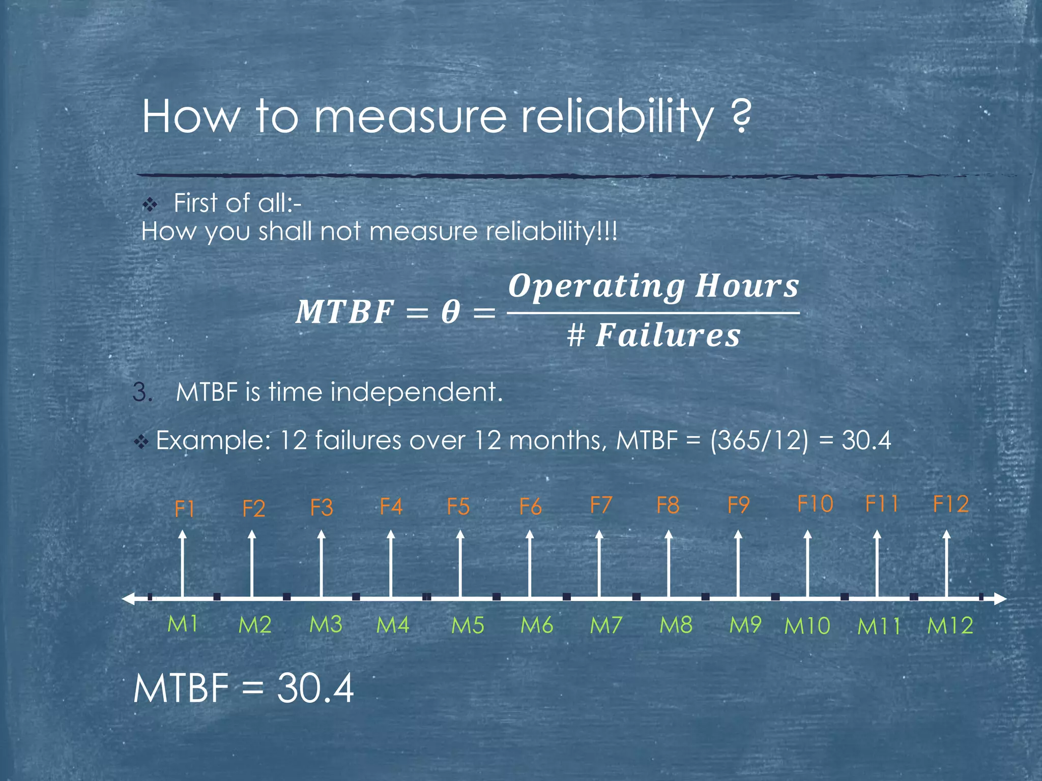 3. MTBF is time independent.
 Example: 12 failures over 12 months, MTBF = (365/12) = 30.4
MTBF = 30.4
 First of all:-
How you shall not measure reliability!!!
𝑴𝑻𝑩𝑭 = 𝜽 =
𝑶𝒑𝒆𝒓𝒂𝒕𝒊𝒏𝒈 𝑯𝒐𝒖𝒓𝒔
# 𝑭𝒂𝒊𝒍𝒖𝒓𝒆𝒔
How to measure reliability ?
M1 M2 M3 M4 M5 M6 M7 M8 M9 M10 M11 M12
F1 F2 F3 F4 F5 F7F6 F8 F9 F10 F11 F12
 