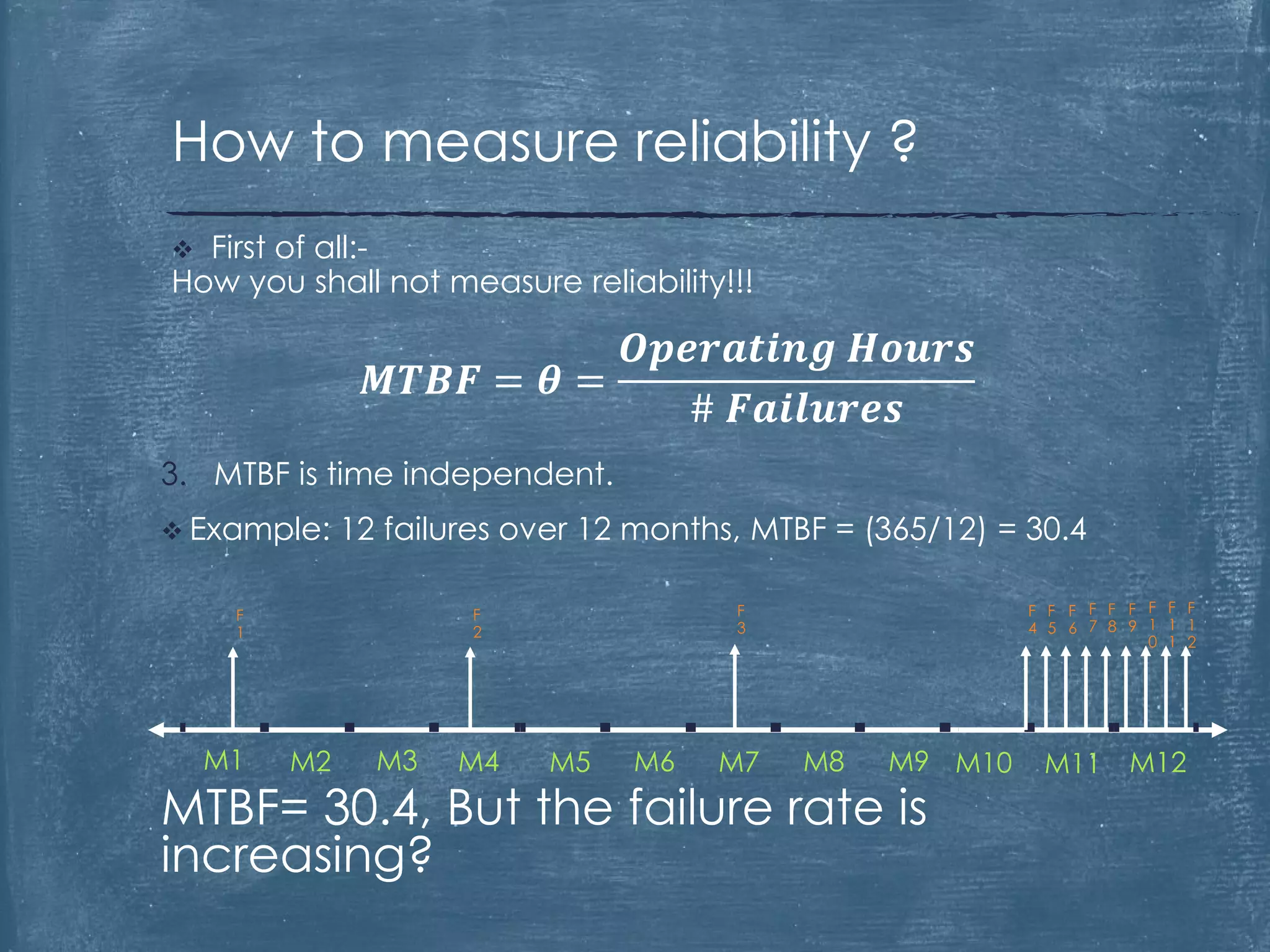 3. MTBF is time independent.
 Example: 12 failures over 12 months, MTBF = (365/12) = 30.4
MTBF= 30.4, But the failure rate is
increasing?
 First of all:-
How you shall not measure reliability!!!
𝑴𝑻𝑩𝑭 = 𝜽 =
𝑶𝒑𝒆𝒓𝒂𝒕𝒊𝒏𝒈 𝑯𝒐𝒖𝒓𝒔
# 𝑭𝒂𝒊𝒍𝒖𝒓𝒆𝒔
How to measure reliability ?
M1 M2 M3 M4 M5 M6 M7 M8 M9 M10 M11 M12
F
1
F
2
F
3
F
4
F
5
F
7
F
6
F
8
F
9
F
1
0
F
1
1
F
1
2
 