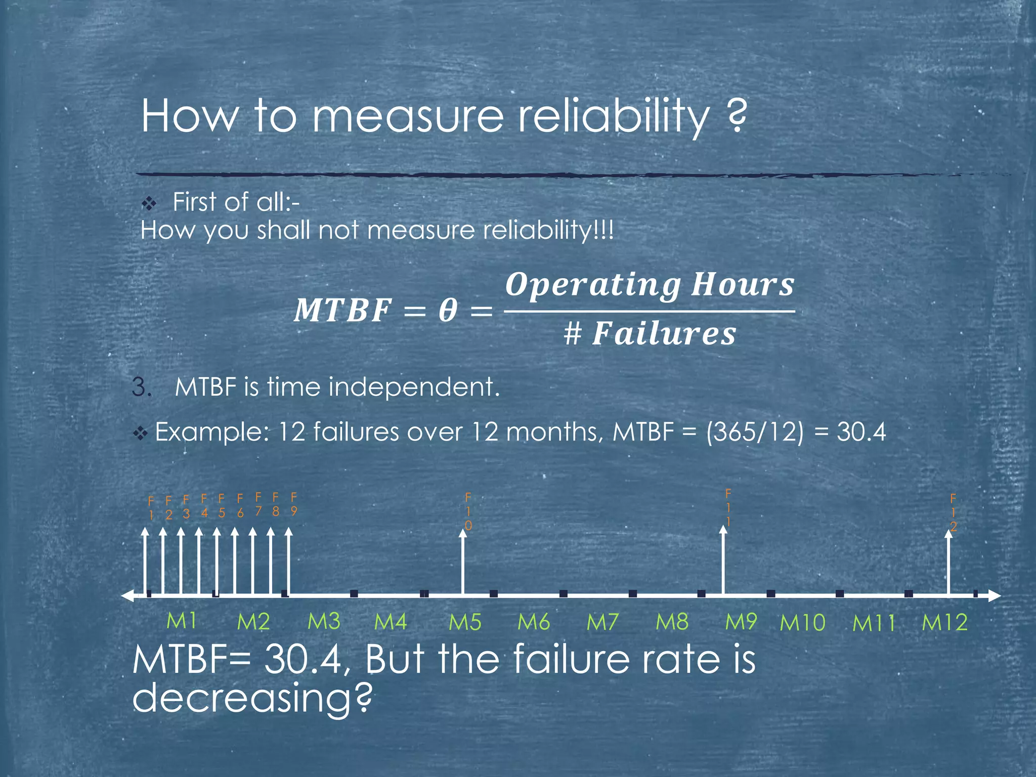 3. MTBF is time independent.
 Example: 12 failures over 12 months, MTBF = (365/12) = 30.4
MTBF= 30.4, But the failure rate is
decreasing?
 First of all:-
How you shall not measure reliability!!!
𝑴𝑻𝑩𝑭 = 𝜽 =
𝑶𝒑𝒆𝒓𝒂𝒕𝒊𝒏𝒈 𝑯𝒐𝒖𝒓𝒔
# 𝑭𝒂𝒊𝒍𝒖𝒓𝒆𝒔
How to measure reliability ?
M1 M2 M3 M4 M5 M6 M7 M8 M9 M10 M11 M12
F
1
F
2
F
3
F
4
F
5
F
7
F
6
F
8
F
9
F
1
0
F
1
1
F
1
2
 