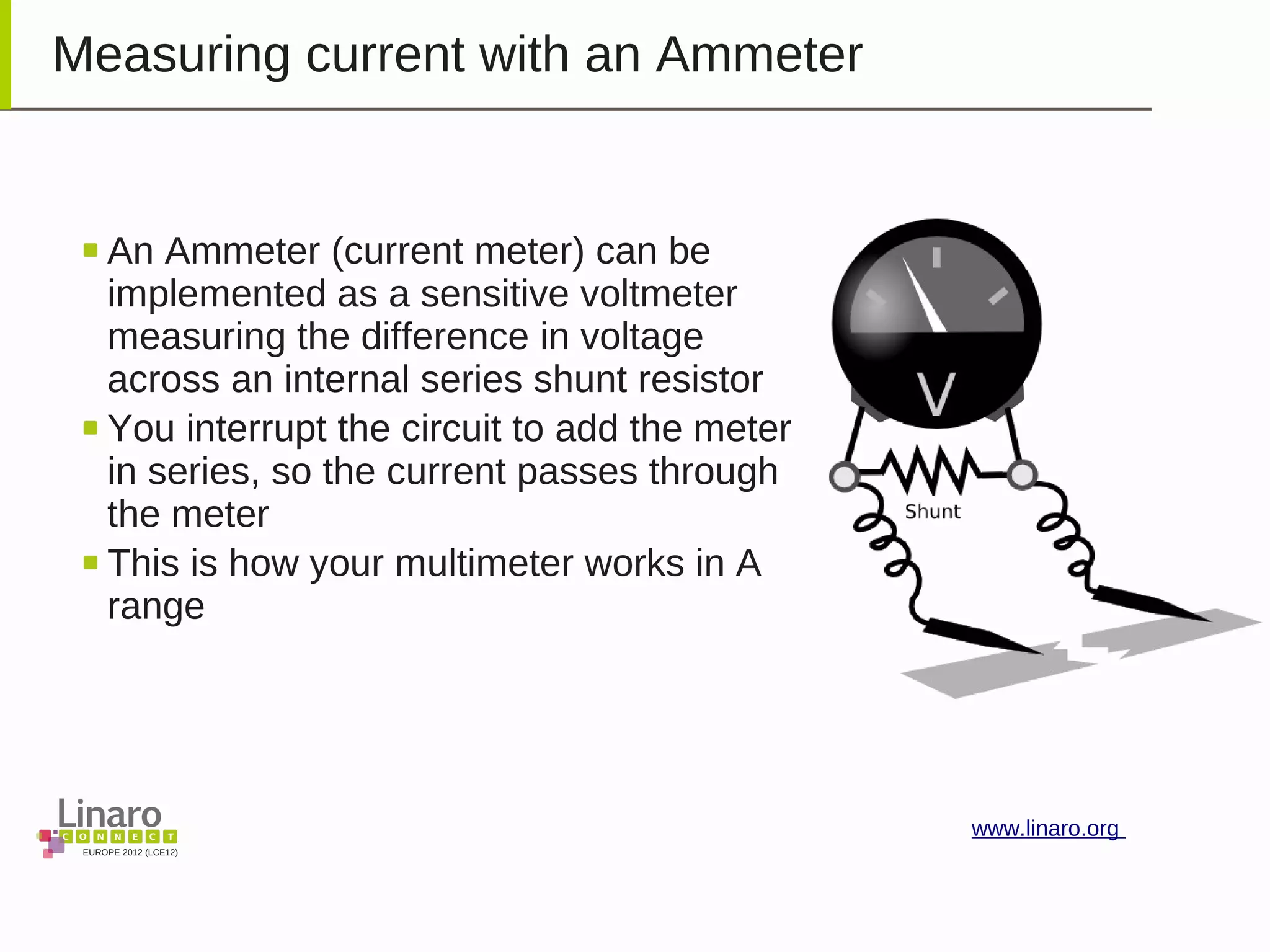 EUROPE 2012 (LCE12)
www.linaro.org
Measuring current with an Ammeter
An Ammeter (current meter) can be
implemented as a sensitive voltmeter
measuring the difference in voltage
across an internal series shunt resistor
You interrupt the circuit to add the meter
in series, so the current passes through
the meter
This is how your multimeter works in A
range
 